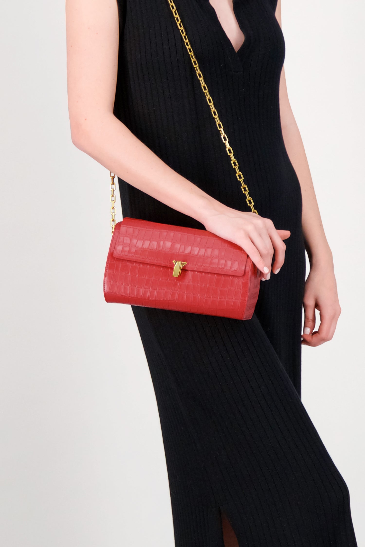 Volon Red Crocodile Print PO Trunk Bag - Luxury Leather Handbag for Women, Fashionable Shoulder Bag for Travel, Work & Evening Events