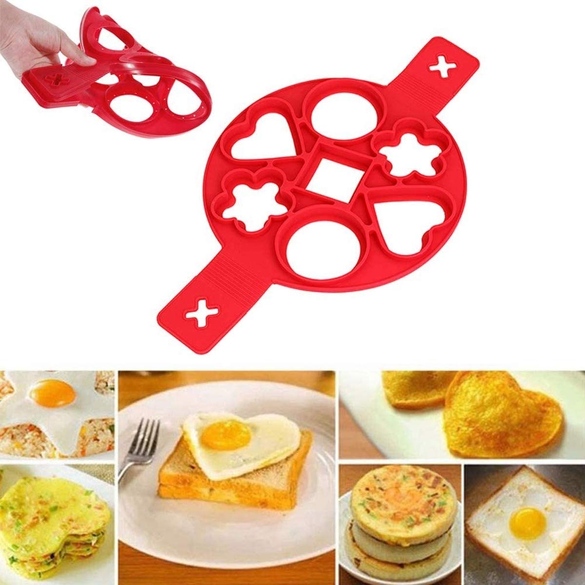 Nonstick Silicone Egg Ring Muffin Pancake Mold - 7 Hole Round Baking Mold for Perfect Pancakes, Muffins & Fried Eggs (Red, 2 Pack) - Ideal for Breakfast, Brunch & Kids Cooking