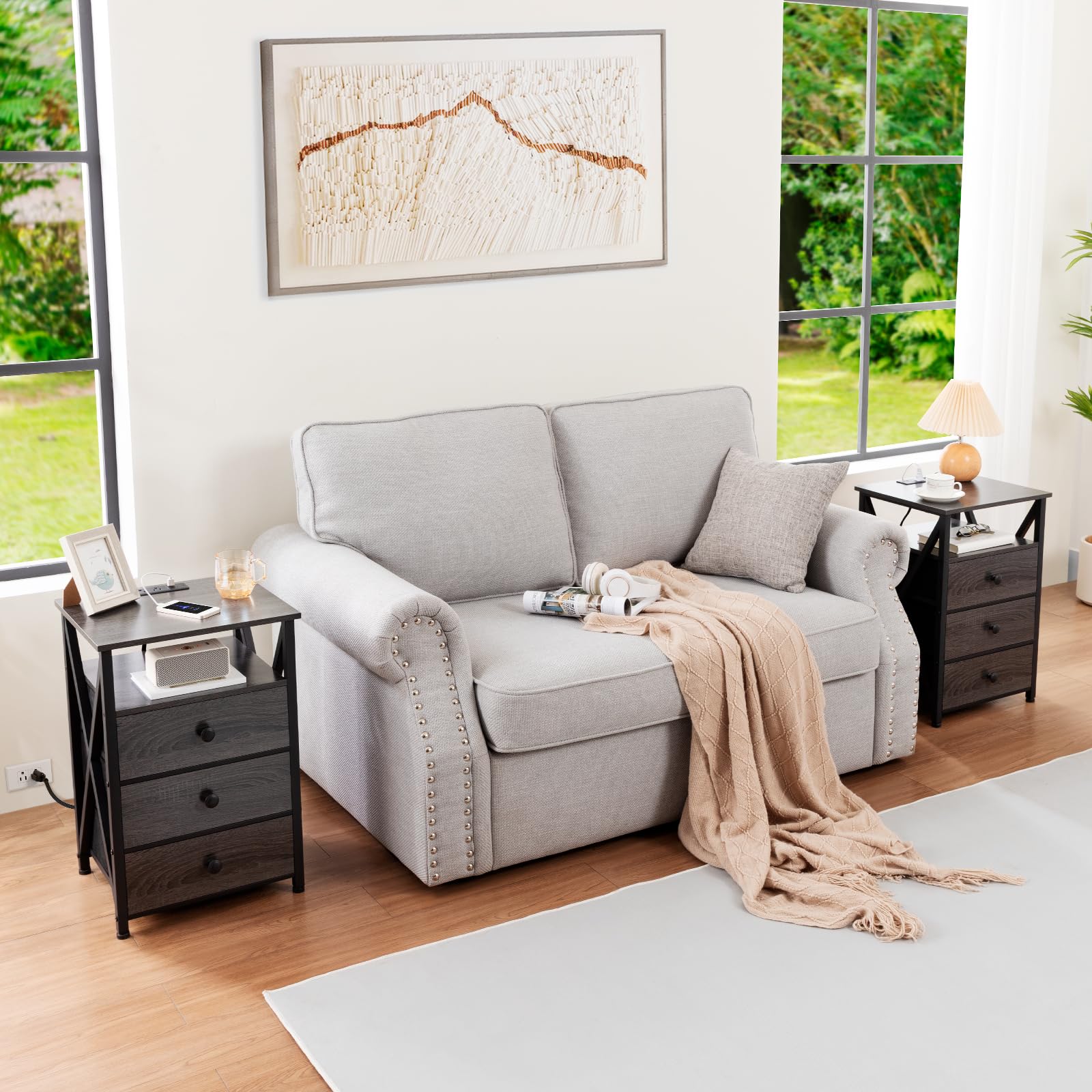 AMHANCIBLE LED Nightstand Set of 2 with USB Charging Station & Power Outlet - Modern Bedside Tables with Fabric Drawers for Bedroom & Living Room - Dark Grey End Tables (HET053LDG) - Perfect for Small Spaces & Apartment Decor
