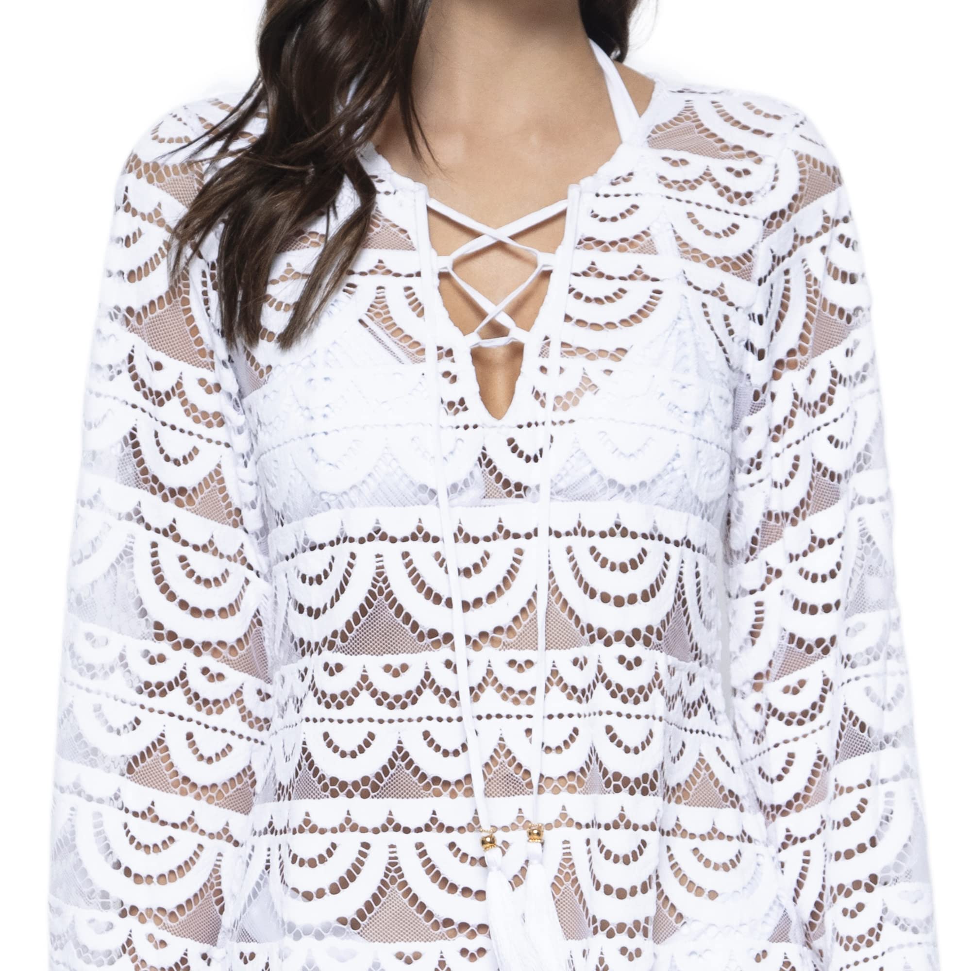 PQ Swim Women's Noah Water Lily Tunic Cover-Up - Scalloped Hem & Lace-Up Front Tie Beach Dress | Lightweight Swimwear Cover for Pool, Vacation & Summer Outfits