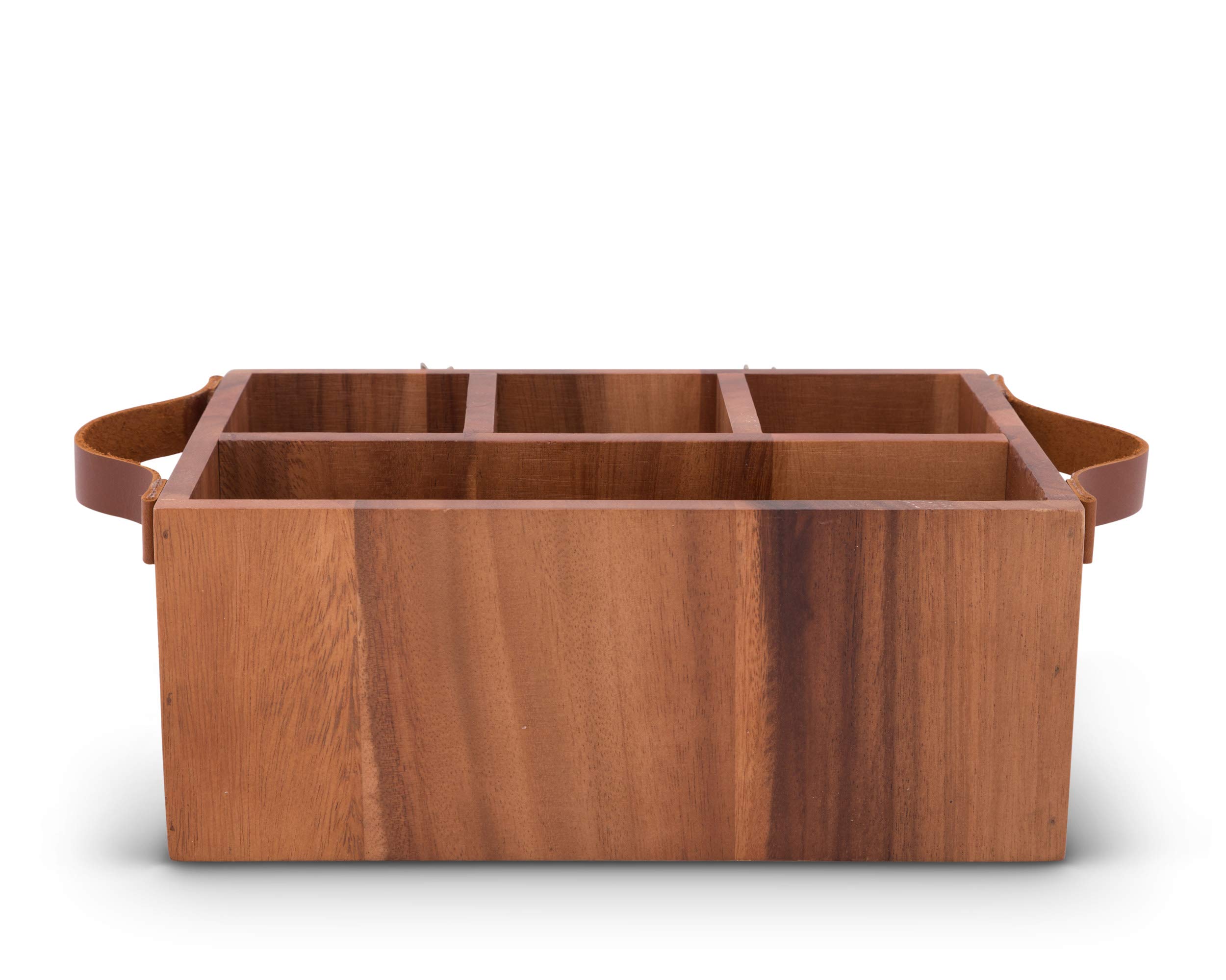 Vagabond House Acacia Wood Flatware Holder with Pewter Elk Accent & Leather Handles - 13