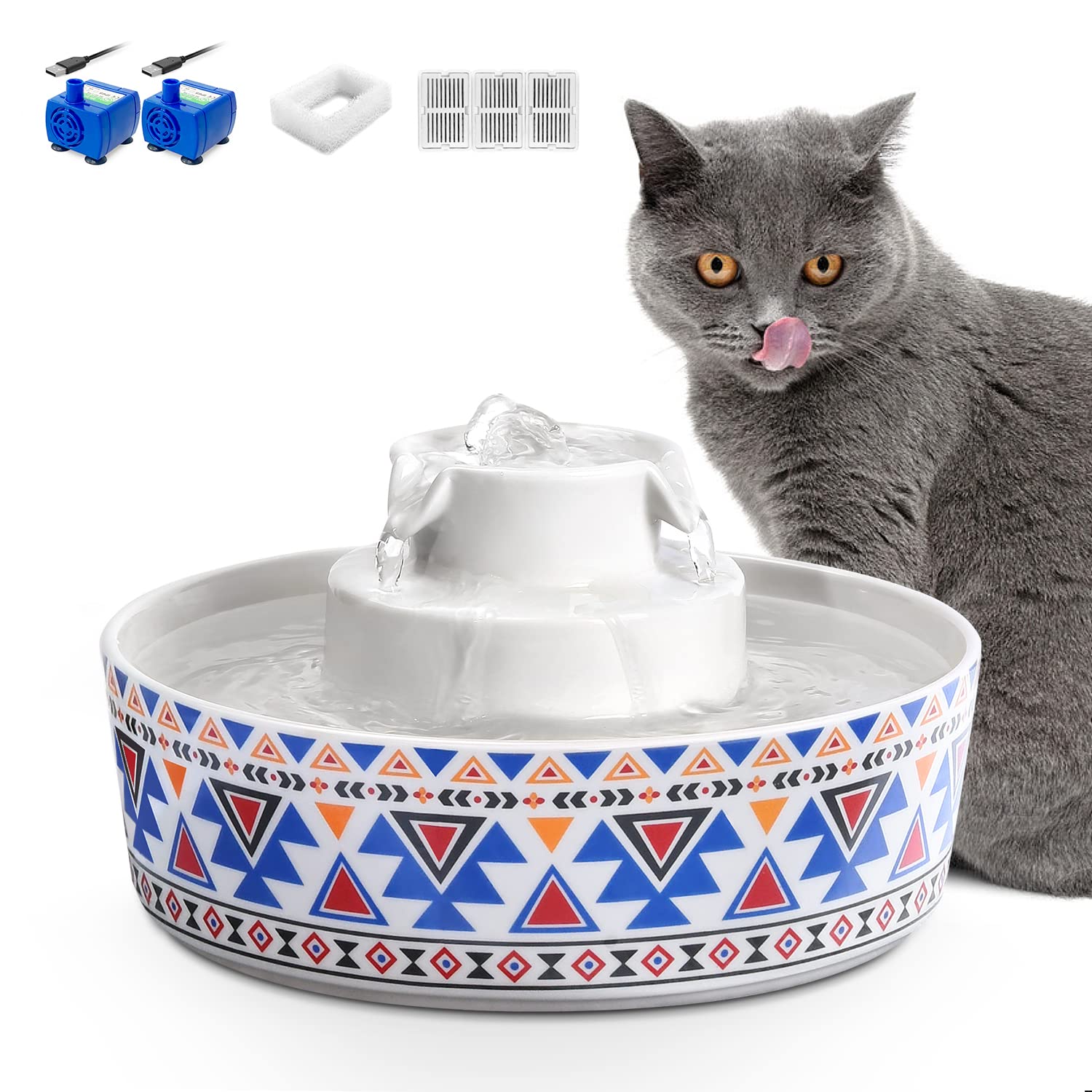 Premium Ceramic Cat Water Fountain - 2.1L Pet Drinking Fountain for Cats & Dogs with Filters & Foam (Bohemian Blue) - Automatic Water Dispenser for Home, Office & Pet Care Stations