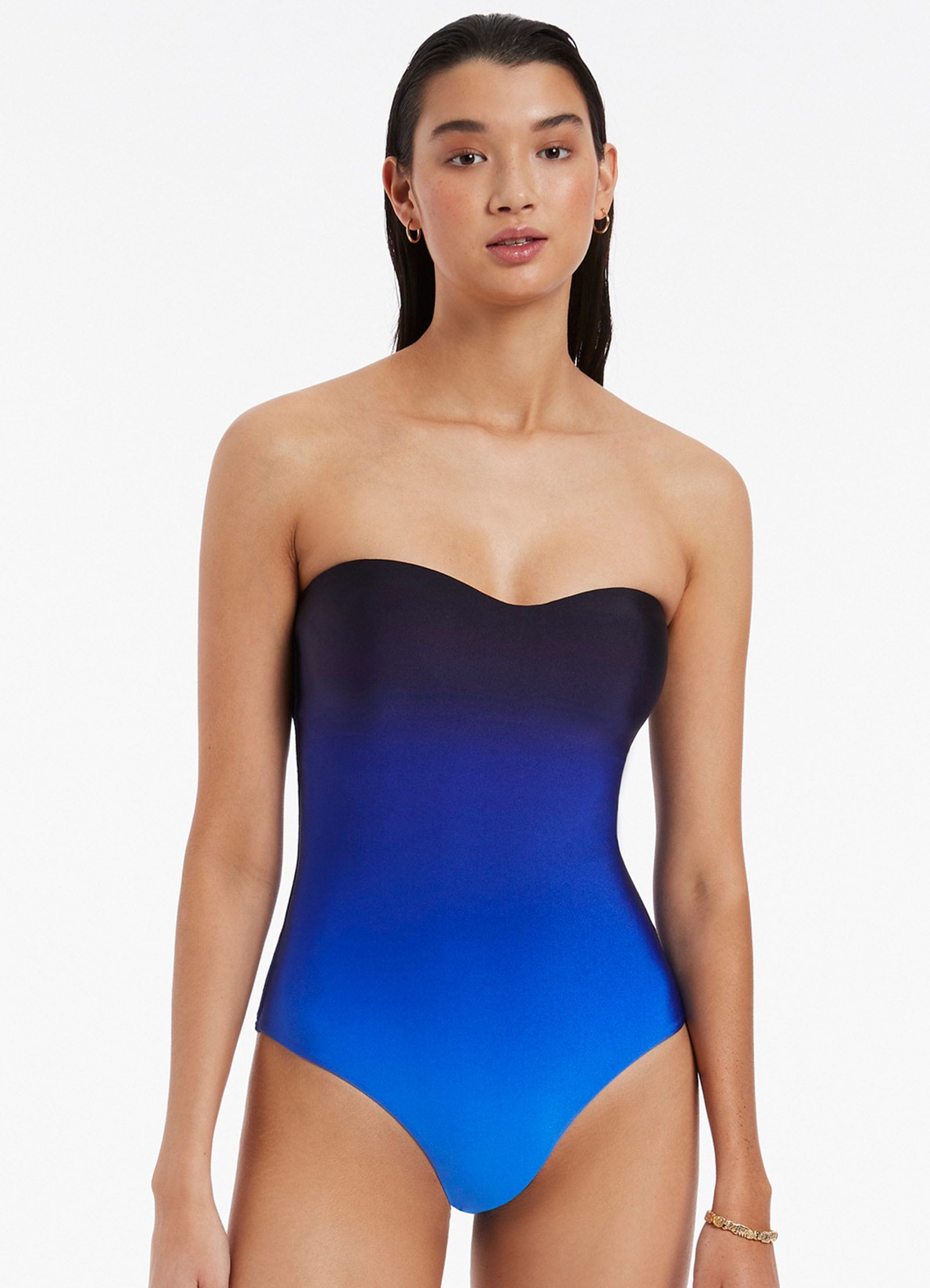 Oia Sunset Bandeau One Piece Swimsuit - Women's High Waisted Bathing Suit with Ocean Print for Beach Vacation & Pool Party