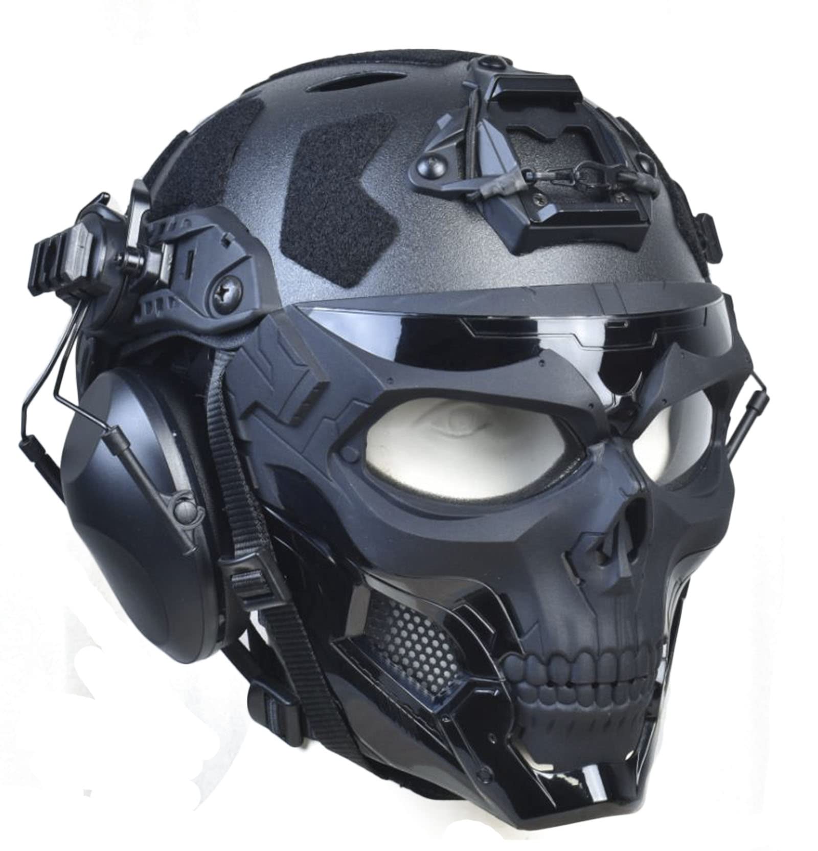Tactical Full Airsoft Mask & Helmet Set with Noise Cancelling Headset - Full Face Skull Mask with Clear Goggles for Paintball, Airsoft & Military Training - Perfect for Outdoor Sports, Combat Games & Tactical Protection