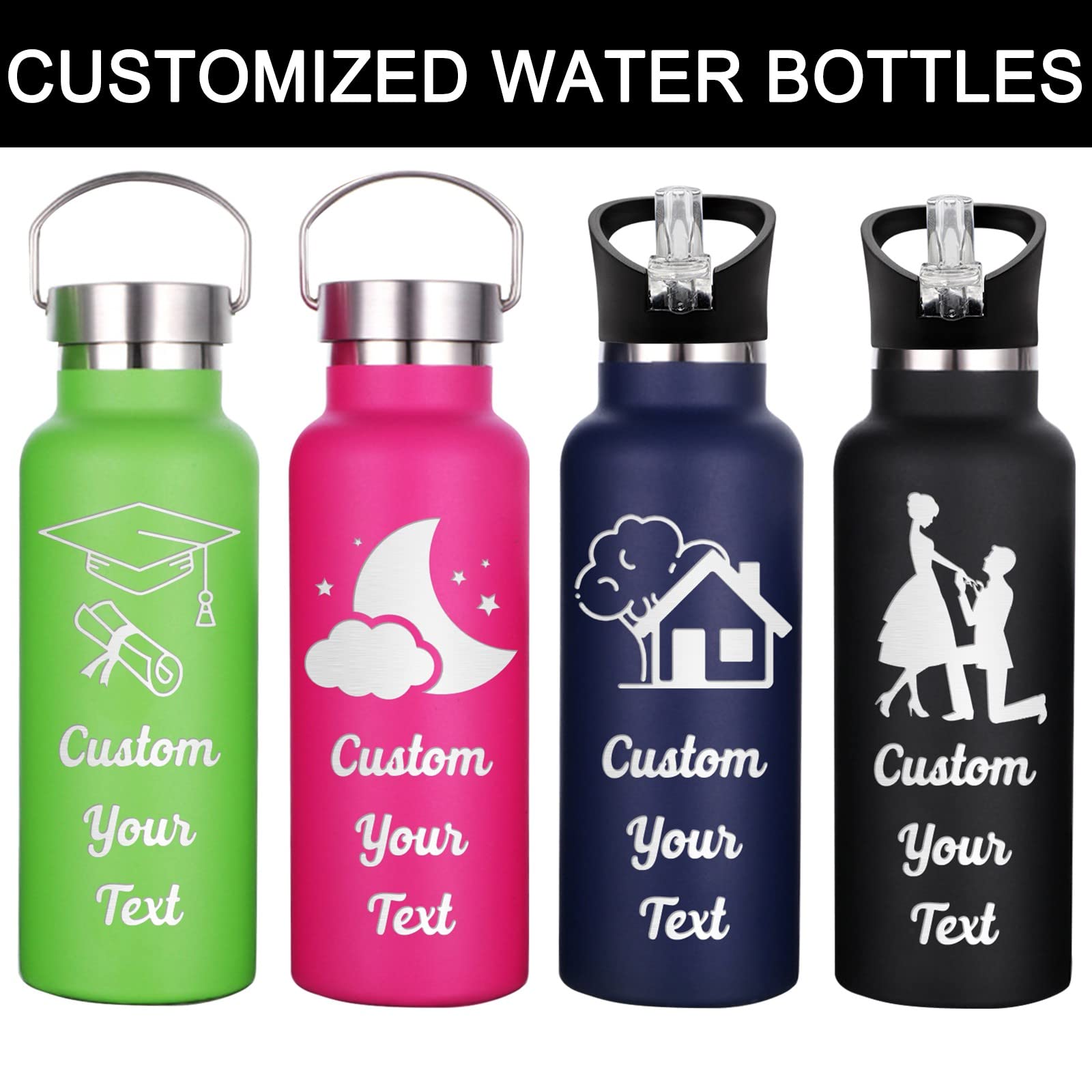 Custom Engraved Insulated Water Bottle with Straw - 26oz/12oz Personalized for Kids, Women & Men - Bulk Orders Available - Perfect for School, Gym, Hiking & Outdoor Activities