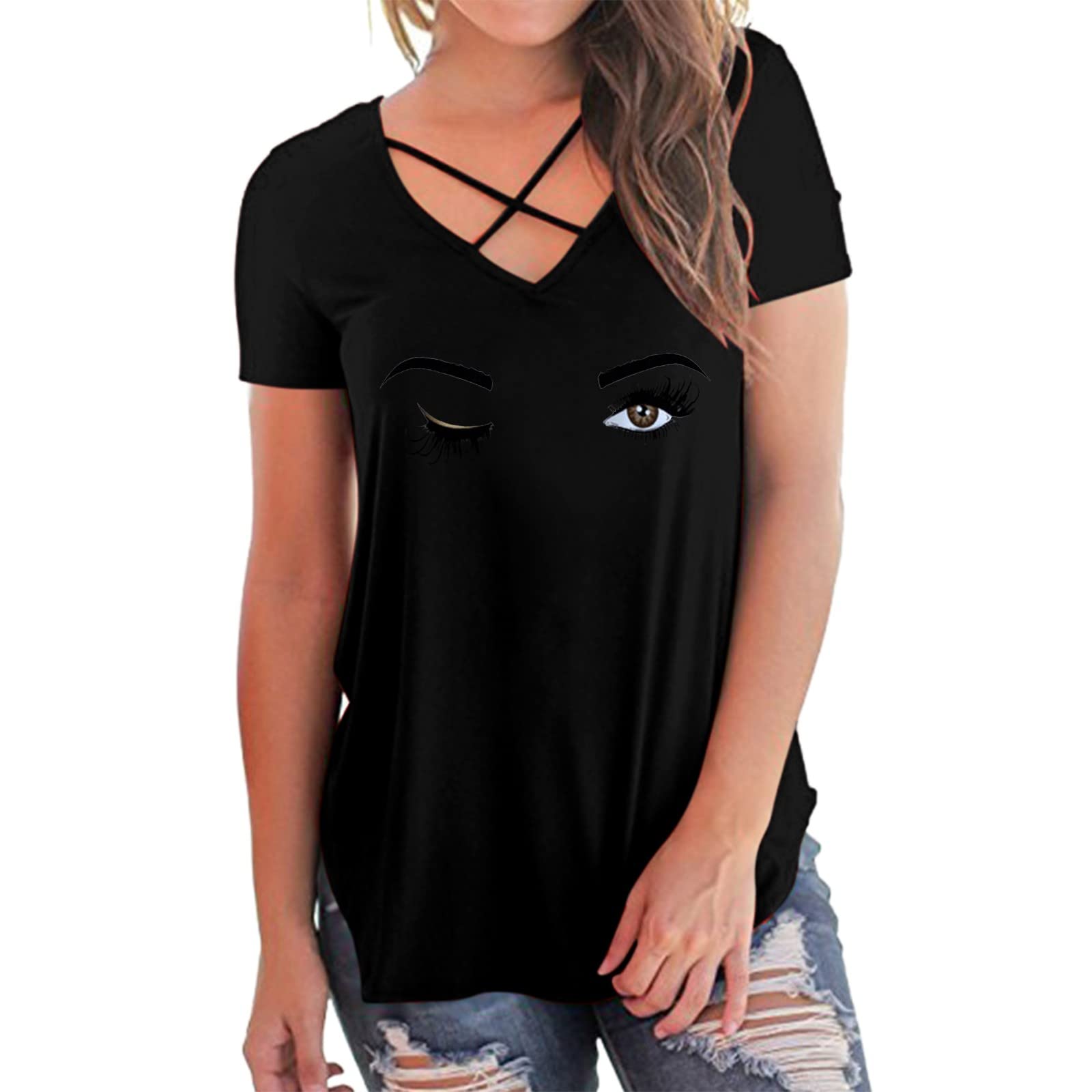 Women's Casual Summer V-Neck Short Sleeve Personalized Printed Tunic Top - Criss Cross Back Design, Comfortable & Breathable for Daily Wear, Beach, Office & Vacation Outfits