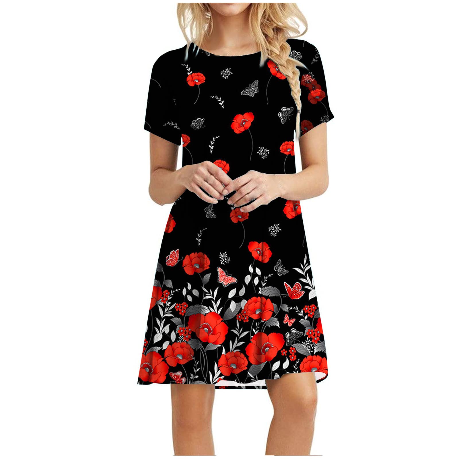 Women's Floral Summer Dress - Casual Beach Tunic T-Shirt Dress with Round Neck & Short Sleeves | Perfect for Vacations, Picnics, and Outdoor Activities