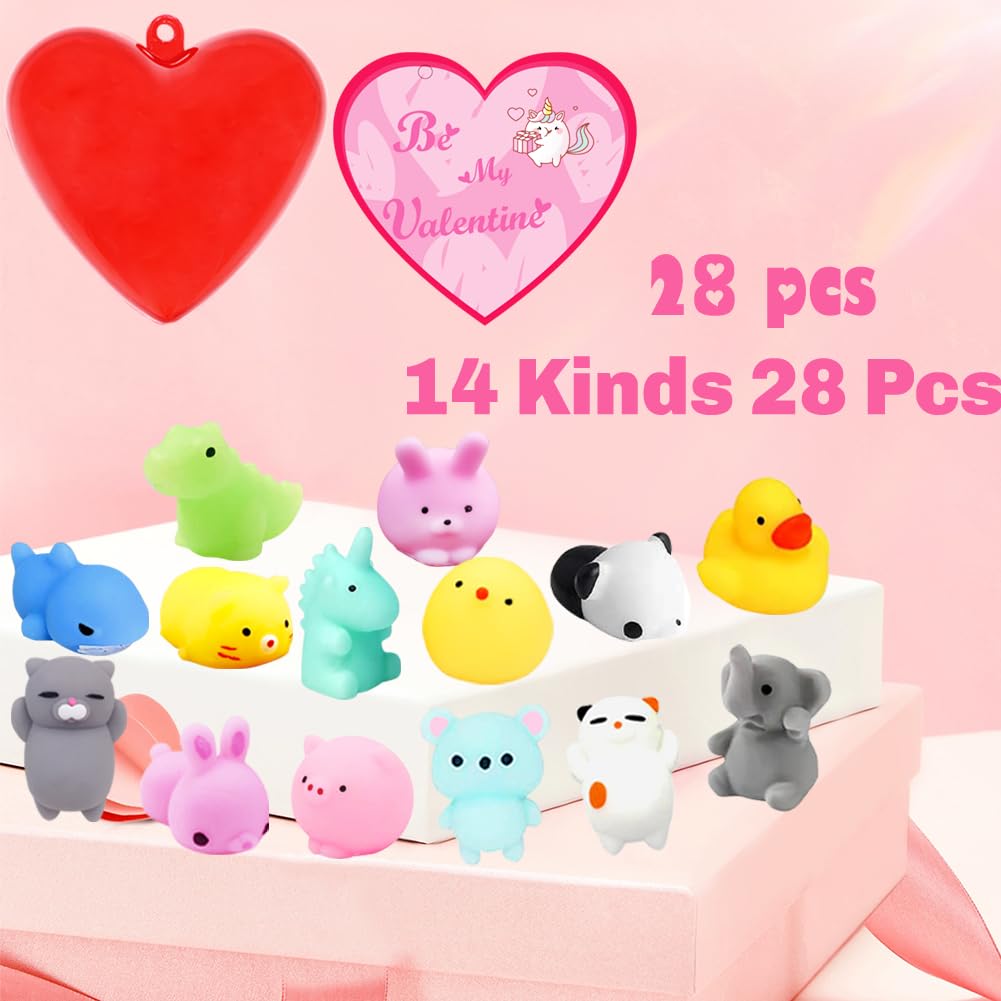 28 Pcs Mochi Squishies Toys - Kawaii Heart-Shaped Stress Relief Squishy for Kids, Boys & Girls - Perfect for Easter Egg Hunt Basket Stuffers, Party Favors & Sensory Play