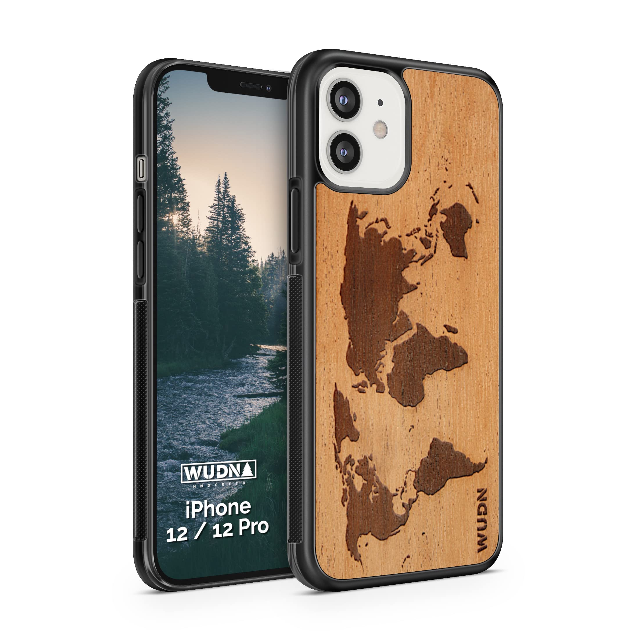 Premium WUDN Wooden Phone Case for iPhone 12/12 Pro - Handcrafted Mahogany World Map Design | Slim Protective Cover | Unique Geography Series | Perfect Gift for Travelers & Nature Lovers (Use for Daily Protection & Stylish Accessory)