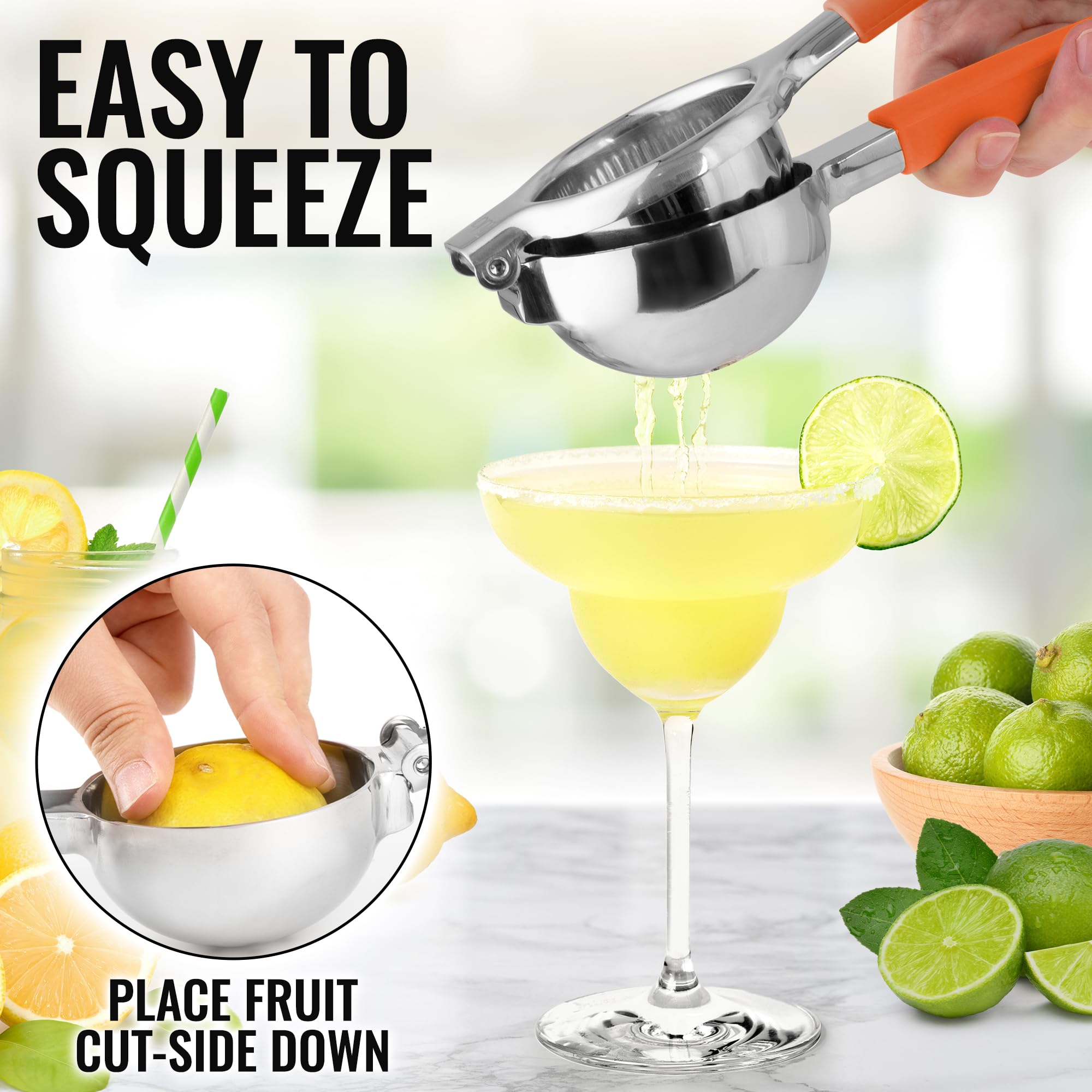 Premium Stainless Steel Lemon Squeezer - Heavy Duty Manual Citrus Juicer with Non-Slip Silicone Handles for Lemons, Limes & Oranges | Perfect for Fresh Juice, Cocktails & Cooking | Durable Kitchen Tool for Bars, Restaurants & Home Use