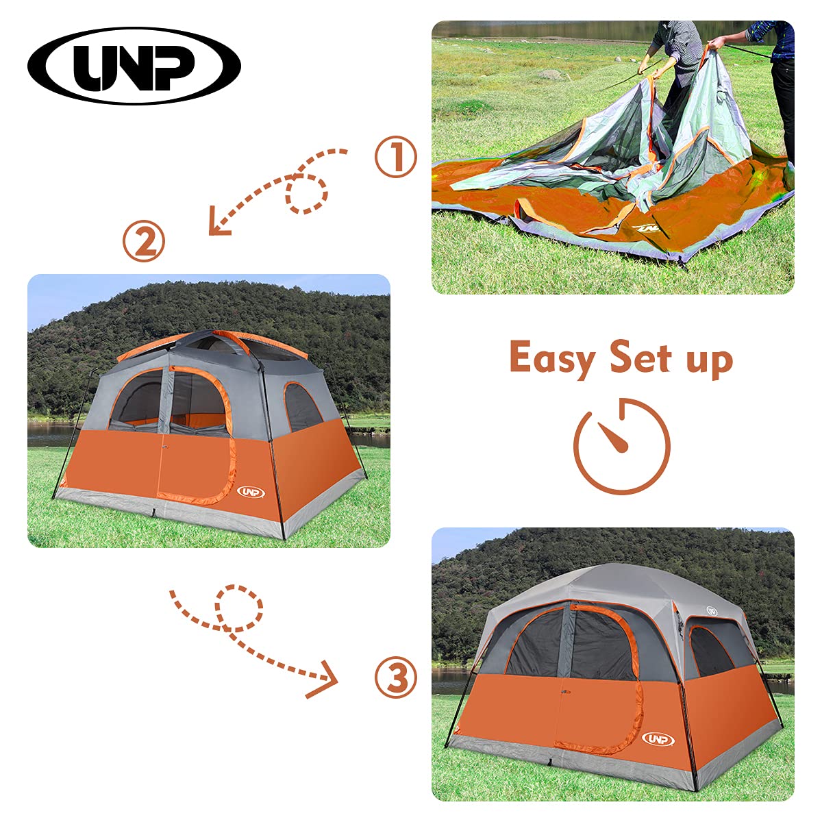 UNP 6-Person Waterproof Windproof Family Camping Tent - Double Layer, Easy Setup with 1 Mesh Door & 5 Large Windows (10'x9'x78