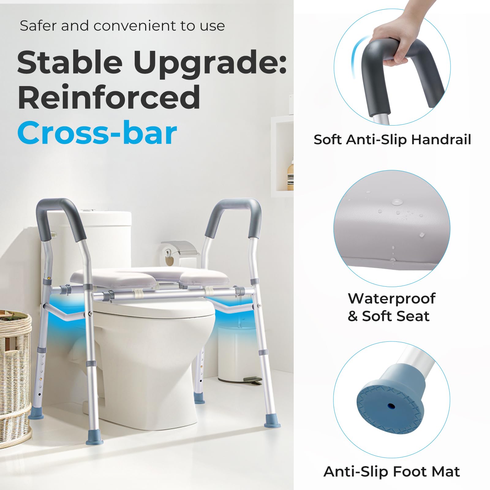 HEAO 3-in-1 Raised Toilet Seat with Safety Frame - Adjustable Height & Width, Padded Seat & Splash Guard - Elderly & Disabled Bathroom Safety Aid - Ideal for Seniors, Handicapped, Pregnant Women (400 lbs Capacity) - Perfect for Home Care, Post-Surgery Recovery & Mobility Assistance
