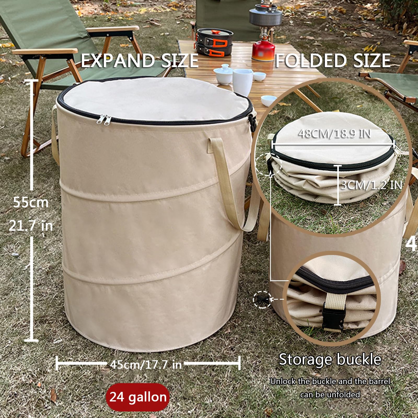 Pop Up Camping Trash Can with Lid - 24 Gallon Collapsible Garbage Bin with Sorting Clips | Reusable Yard Waste Bag for Garden, Lawn & Leaf Collection | Perfect for Outdoor Camping, Picnics & Backyard Cleanup (Beige Coffee)