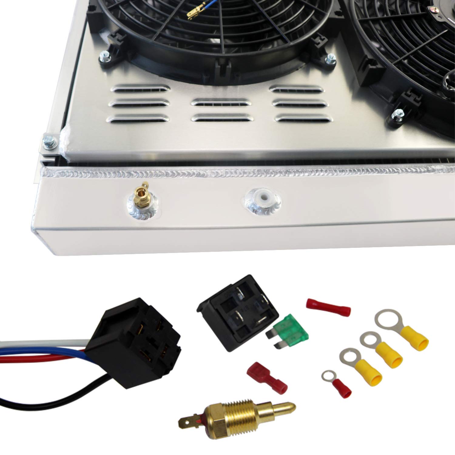 1970-1974 Dodge Challenger Mopar Small Block V8 Aluminum Radiator - 3 Row All-Aluminum Cooling System with Shroud Fan & Thermostat Relay Kit | Perfect for Classic Car Restoration, Hot Rod Upgrades & High-Performance Cooling Solutions