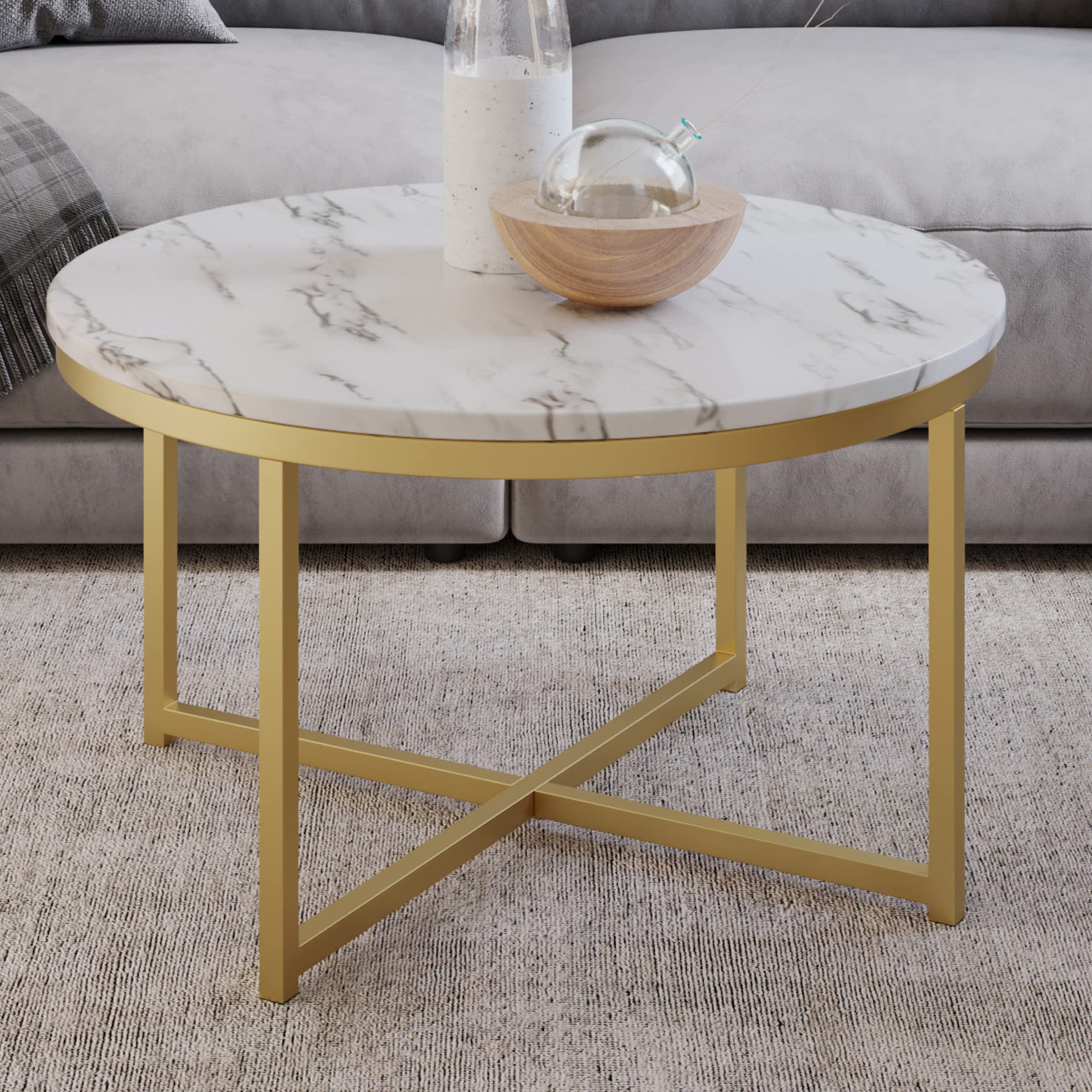 Modern Round Coffee Table with Faux Marble Top & Metal Crossbeam Base - White/Gold Accent Table for Living Room by Lavish Home - Perfect for Small Spaces, Apartments & Lounge Areas