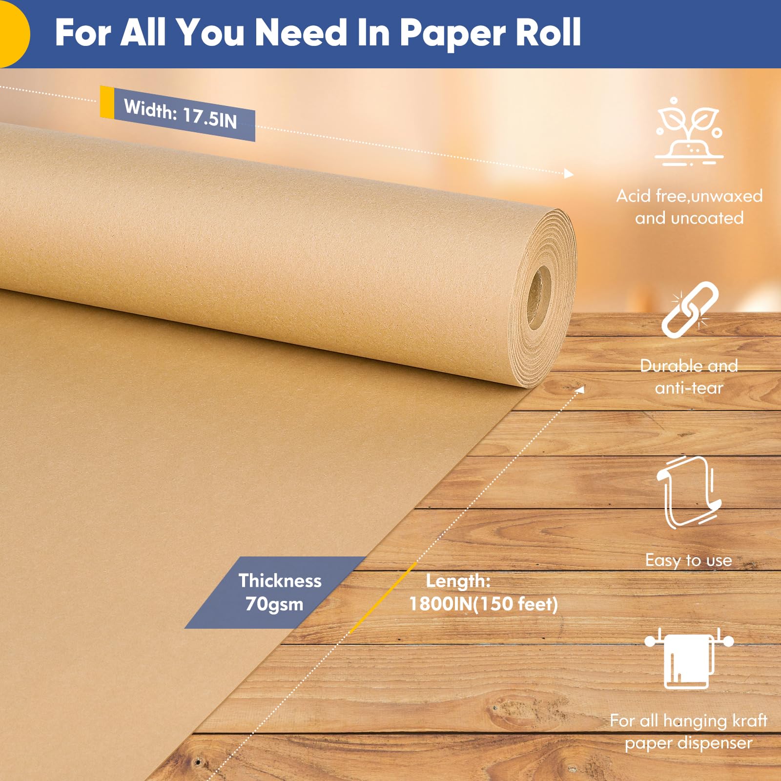 Vanhench Brown Kraft Paper Roll 17.5x1800 Inches (150 Feet) - 65GSM 45LB Heavy Duty Wrapping Paper for Gift Wrapping, Bulletin Board Decor, Arts & Crafts, Flower Bouquet Packaging, Table Covering, Poster Backing, Shipping and Moving Supplies - Perfect for Home, Office & School Projects