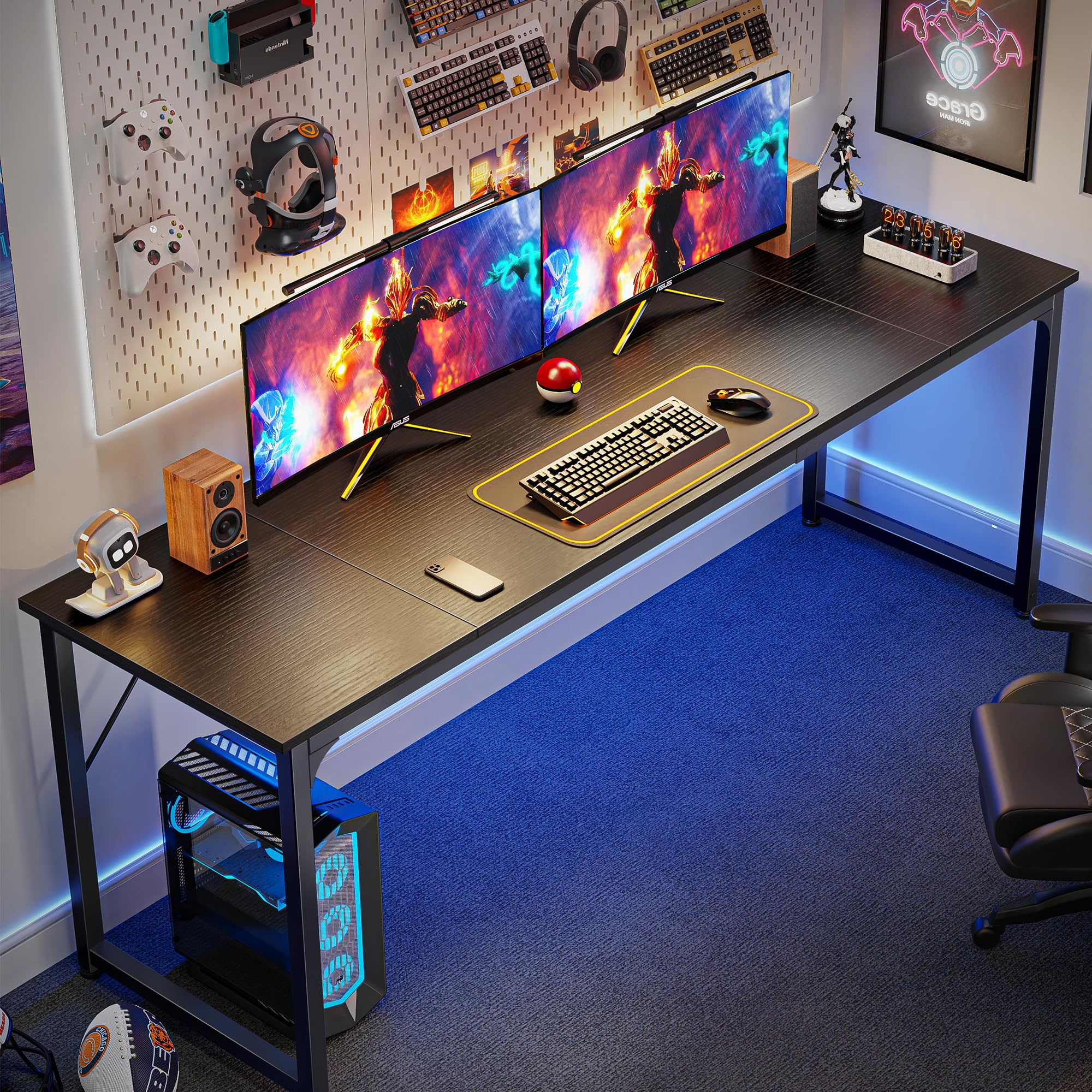 Huuger 70 Inch Computer Desk with Storage - Large Office Desk, Gaming Desk, Writing Workstation for Home Office & Study - Sturdy Metal Frame, Spacious Legroom, Black - Perfect for Remote Work, Online Classes & Gaming Setup