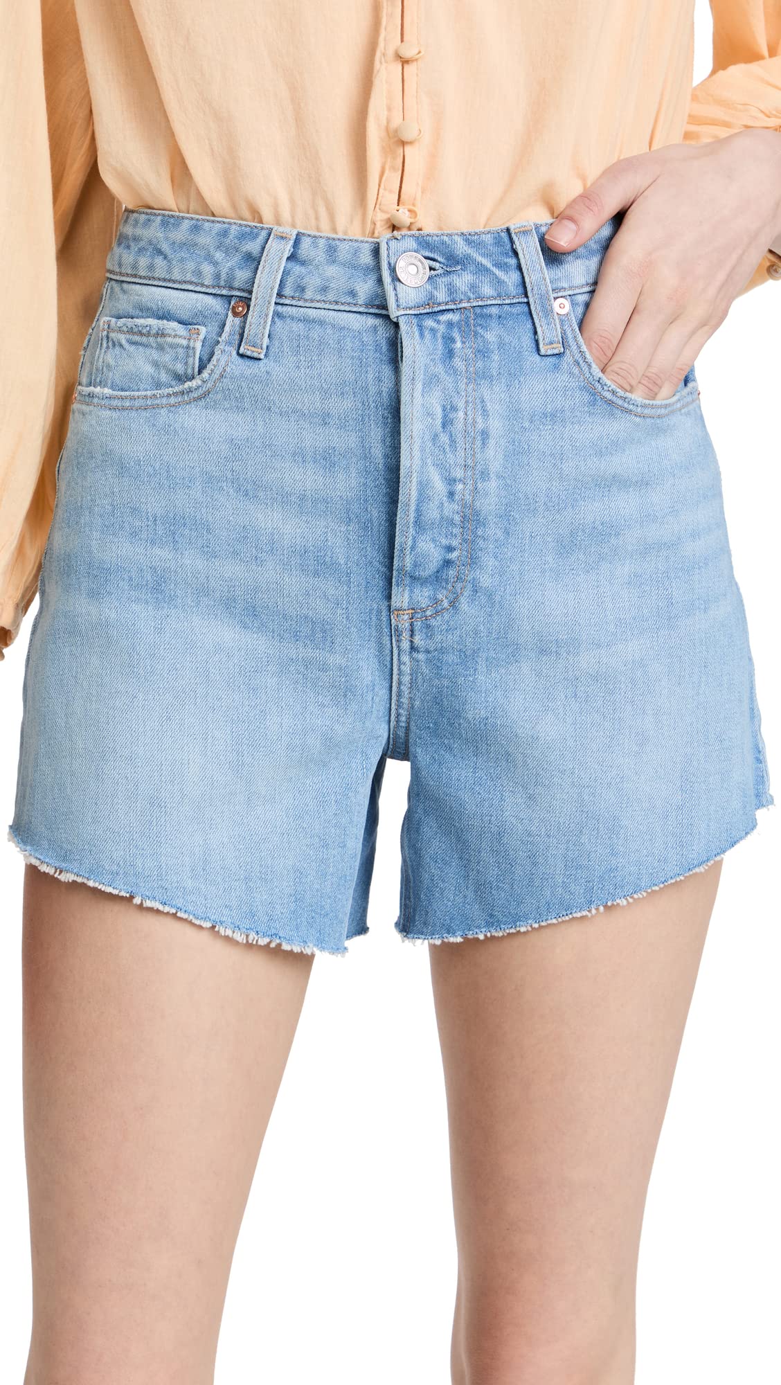 PAIGE Women's High Rise Noella Distressed Denim Shorts - Chantelle Blue, Size 27 | Casual Summer Outfits & Beach Wear