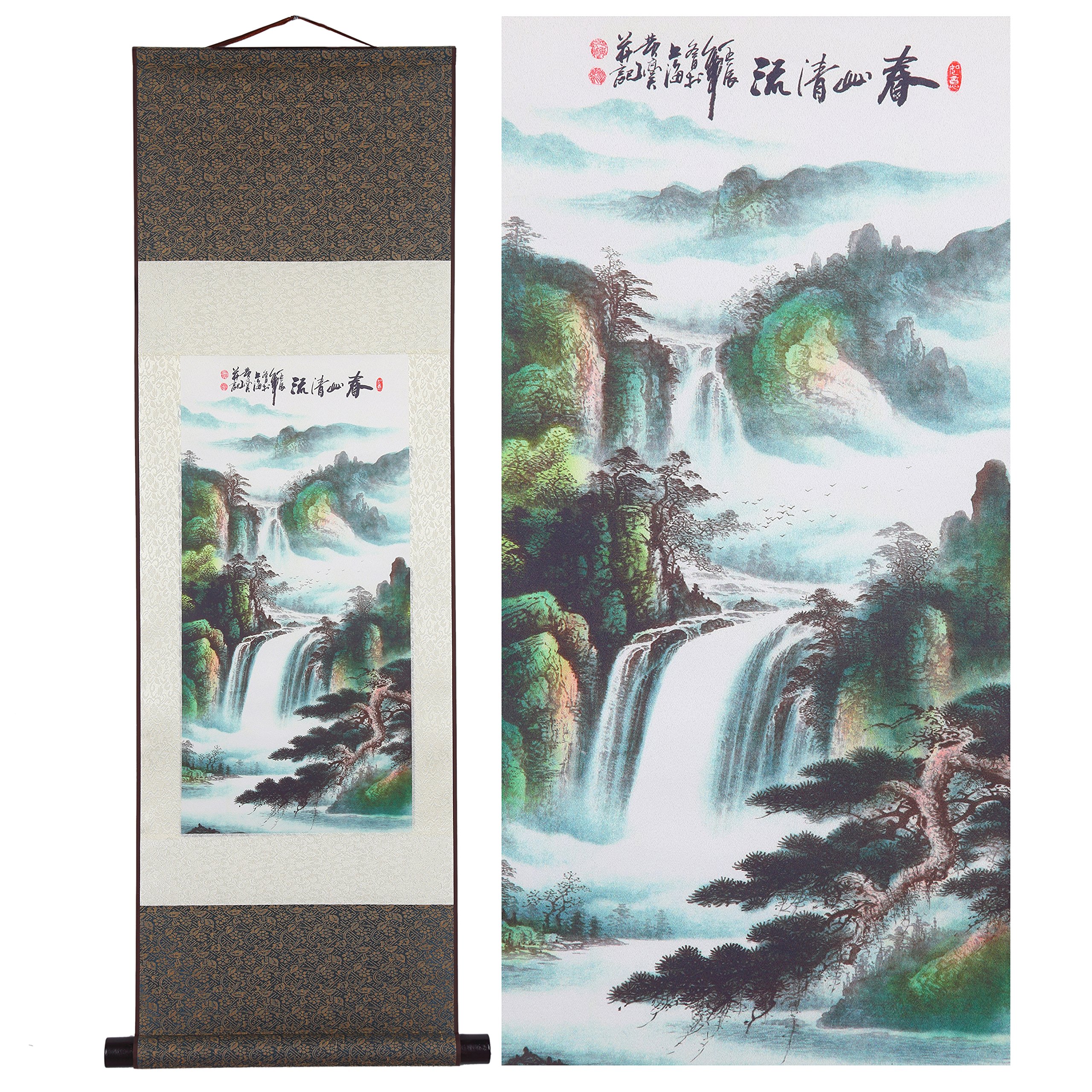 Chinese Wealth Mountain Trees Silk Scroll Wall Art - Traditional Calligraphy Hanging Painting 12'' X 40'' - Perfect for Home Decor, Office Feng Shui & Asian-Inspired Interior Design