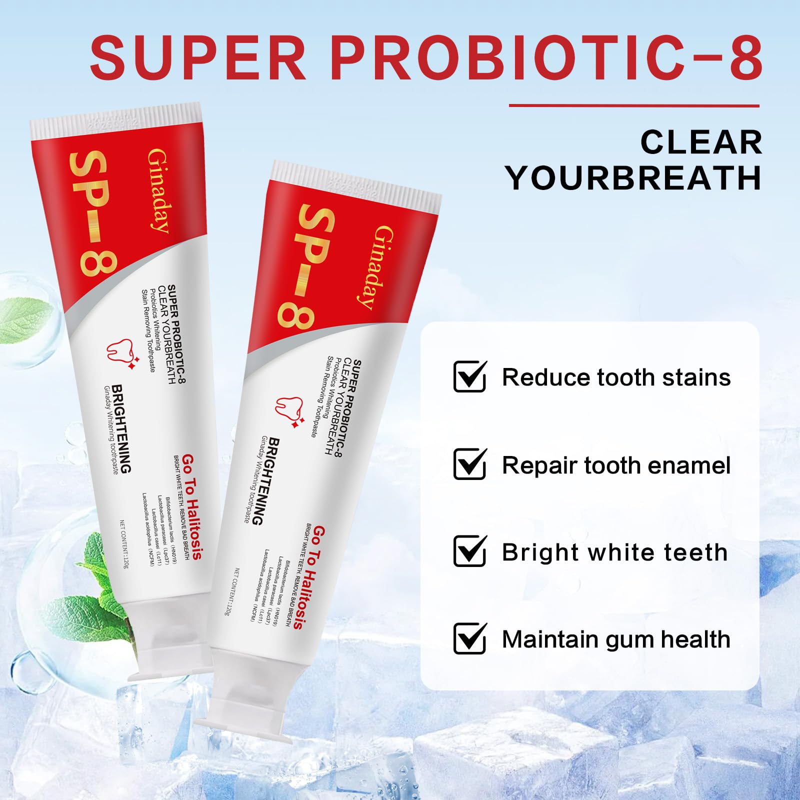 2 Pack SP-8 Probiotics Whitening Toothpaste - Advanced Formula with 8 Probiotics for Stain Removal, Fresh Breath & Healthy Teeth - Perfect for Daily Oral Care & Bright Smile Maintenance