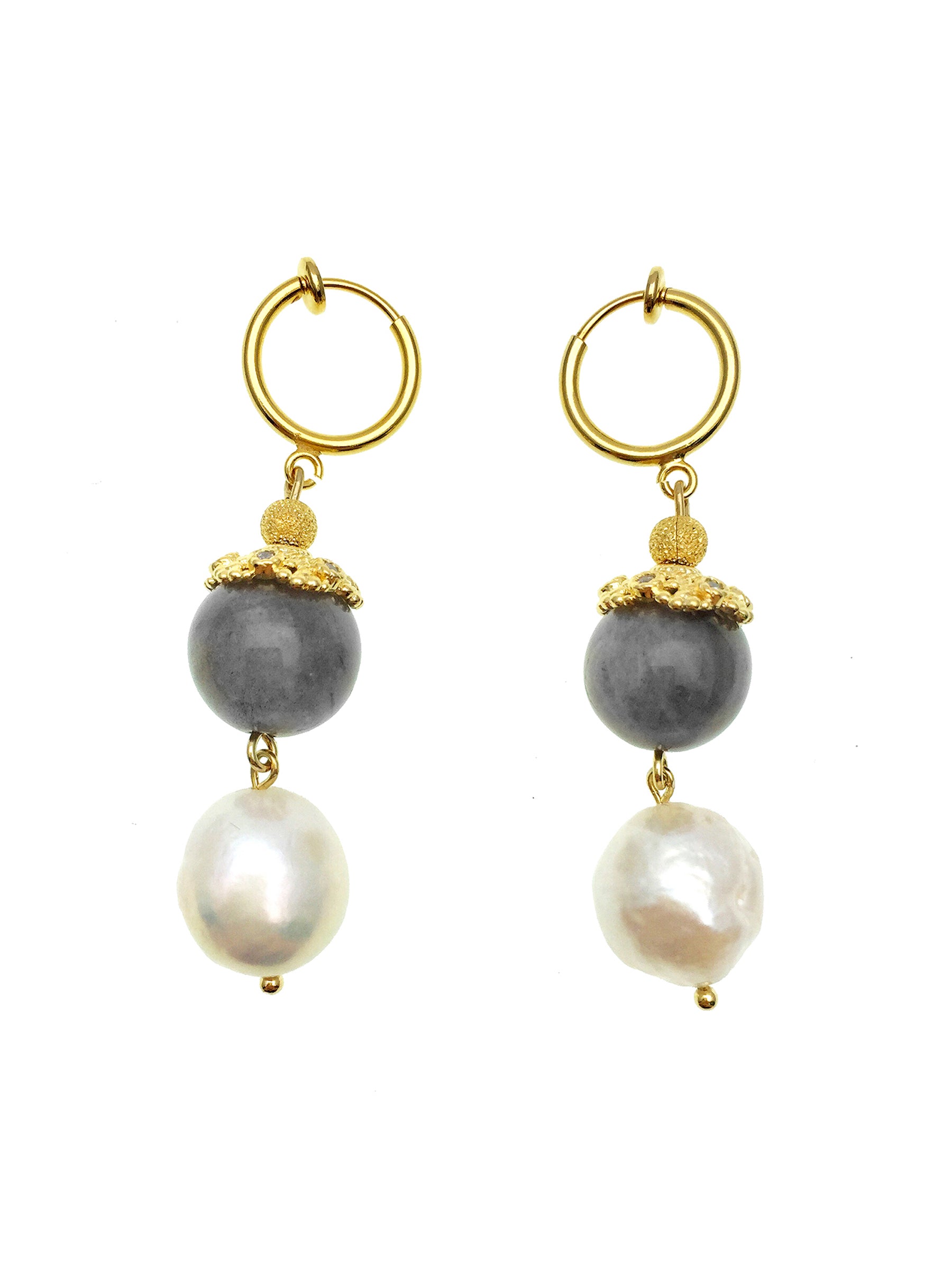 Labradorite and Freshwater Pearl Dangle Clip-On Earrings for Women | Hypoallergenic Non-Pierced Jewelry | Perfect for Weddings, Parties & Special Occasions