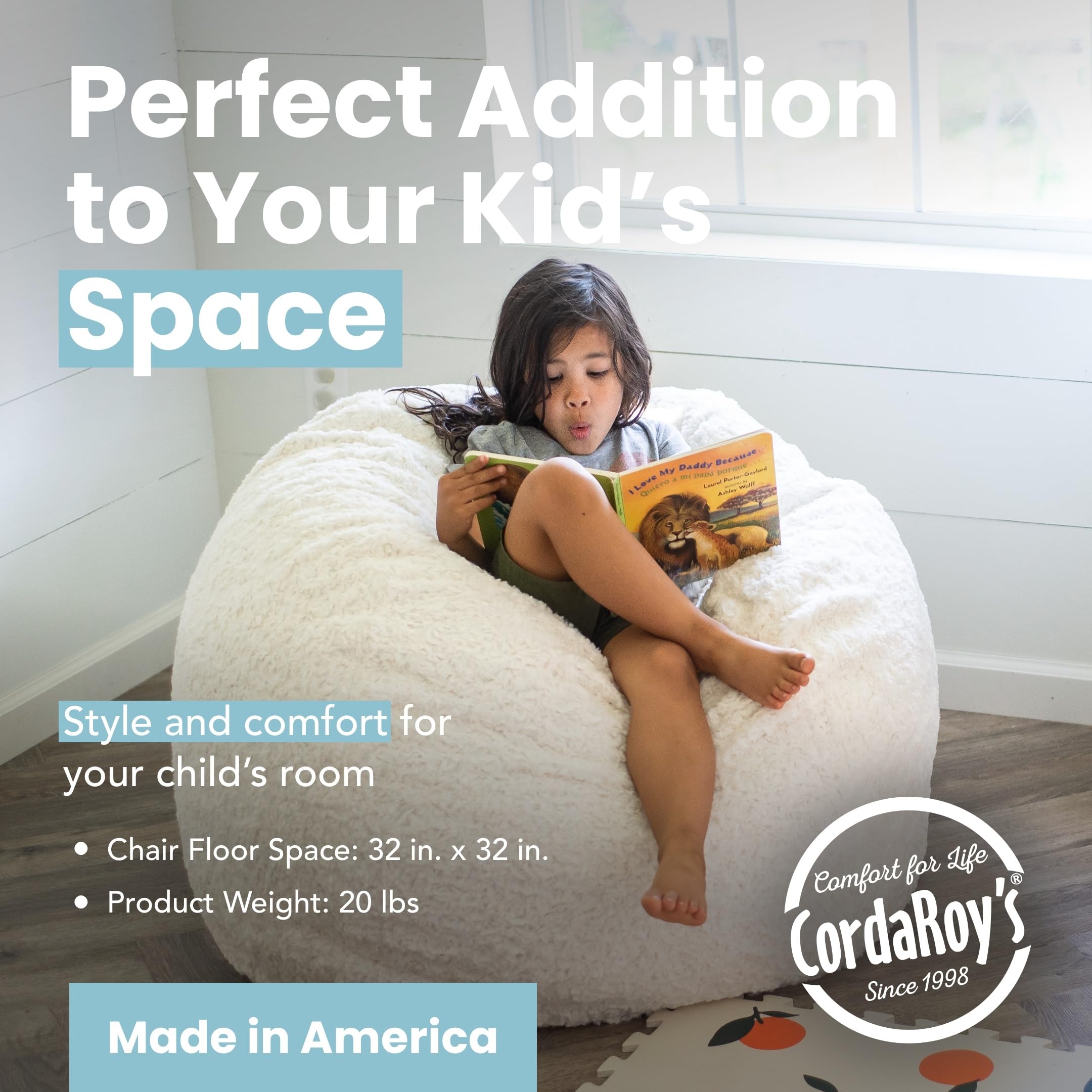 CordaRoy's Faux Fur Bean Bag Chair - Convertible from Bean Bag to Lounger, Shark Tank Featured, White Youth Size - Perfect for Kids' Rooms, Dorm Decor & Cozy Reading Nooks