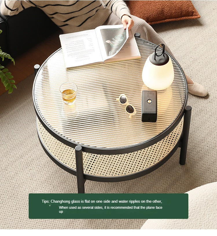 Solid Oak Wood Rattan Black Glass Round Coffee Table - Modern Living Room Centerpiece for Home Decor