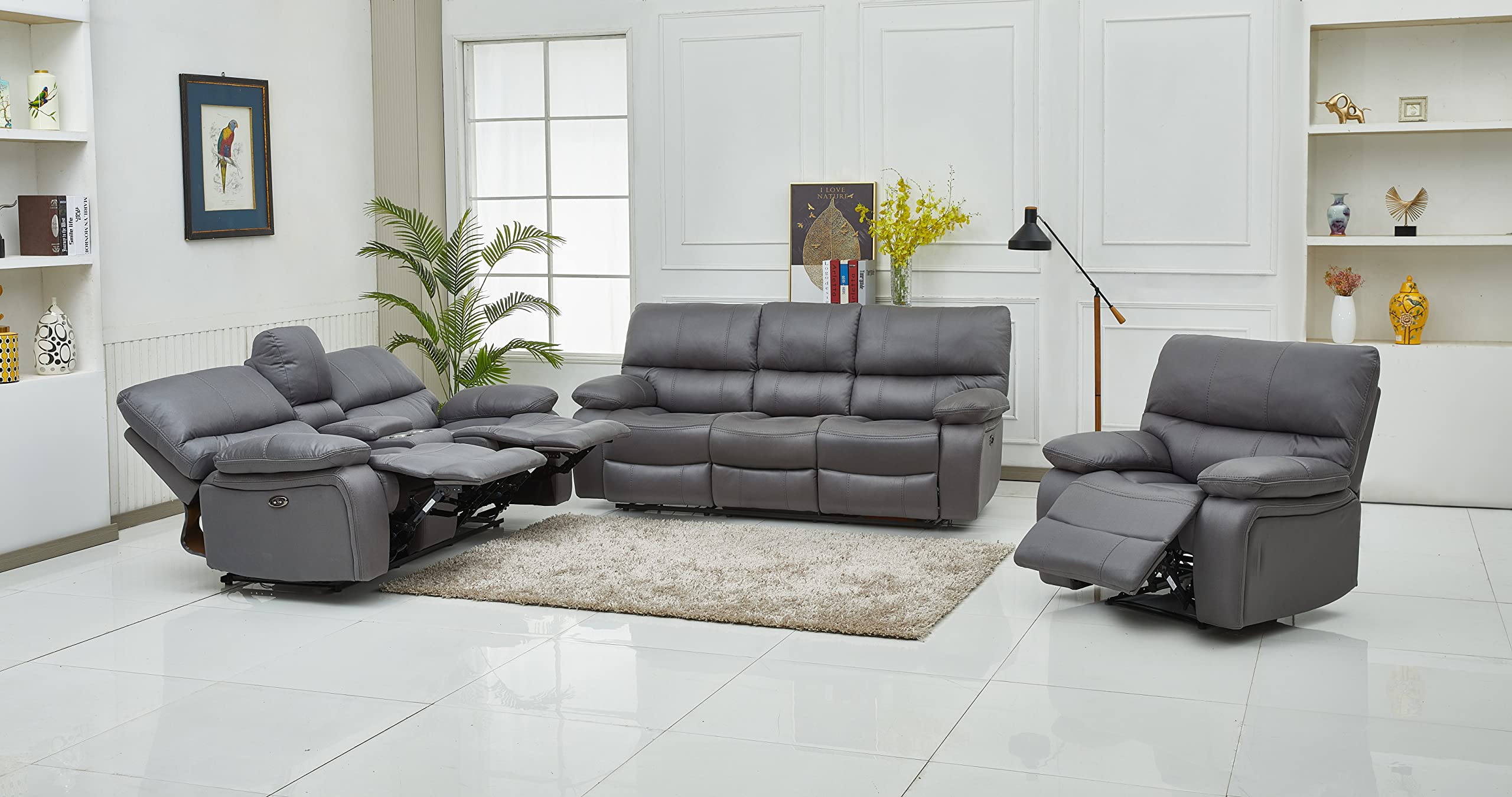 Betsy Furniture Microfiber Power Reclining Sofa Set - 3-Piece Living Room Set with Power Sofa, Loveseat & Chair (Grey) - Perfect for Home Theater, Family Rooms & Relaxation
