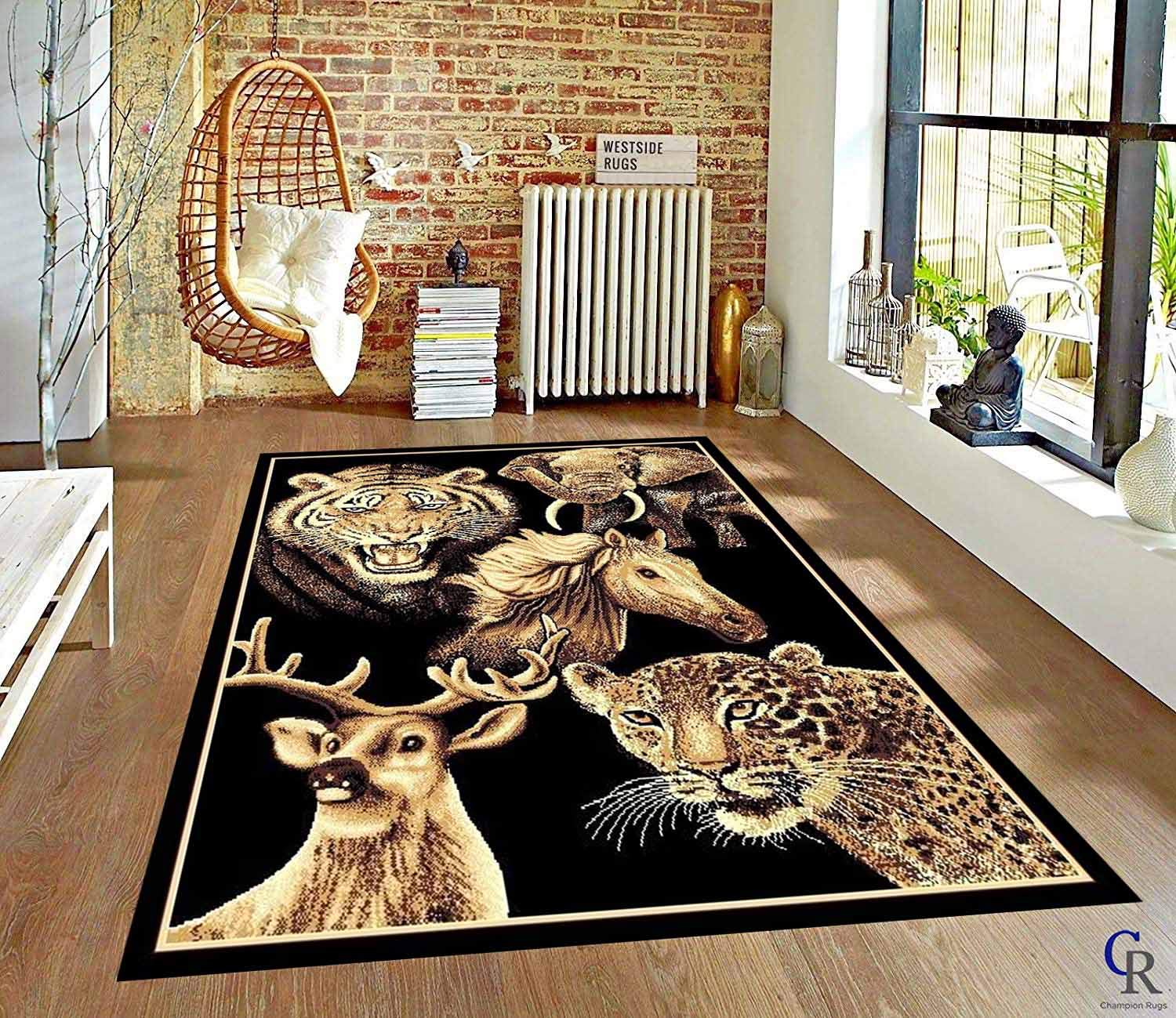 Champion Rugs Safari Tiger Elephant Leopard Modern Animal Print African Theme Area Rug 5’3”x7’5” - Perfect for Living Room, Bedroom & Nursery Decor