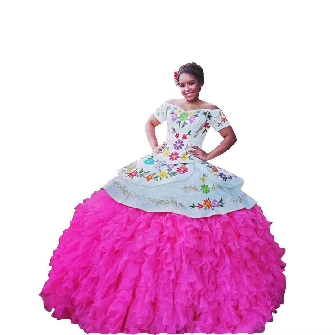 Mexican Embroidered Quinceanera Dresses 2025 - Off Shoulder Organza Ball Gown with Ruffles for Sweet 15 Birthday Party, Quince Celebration & Special Occasions