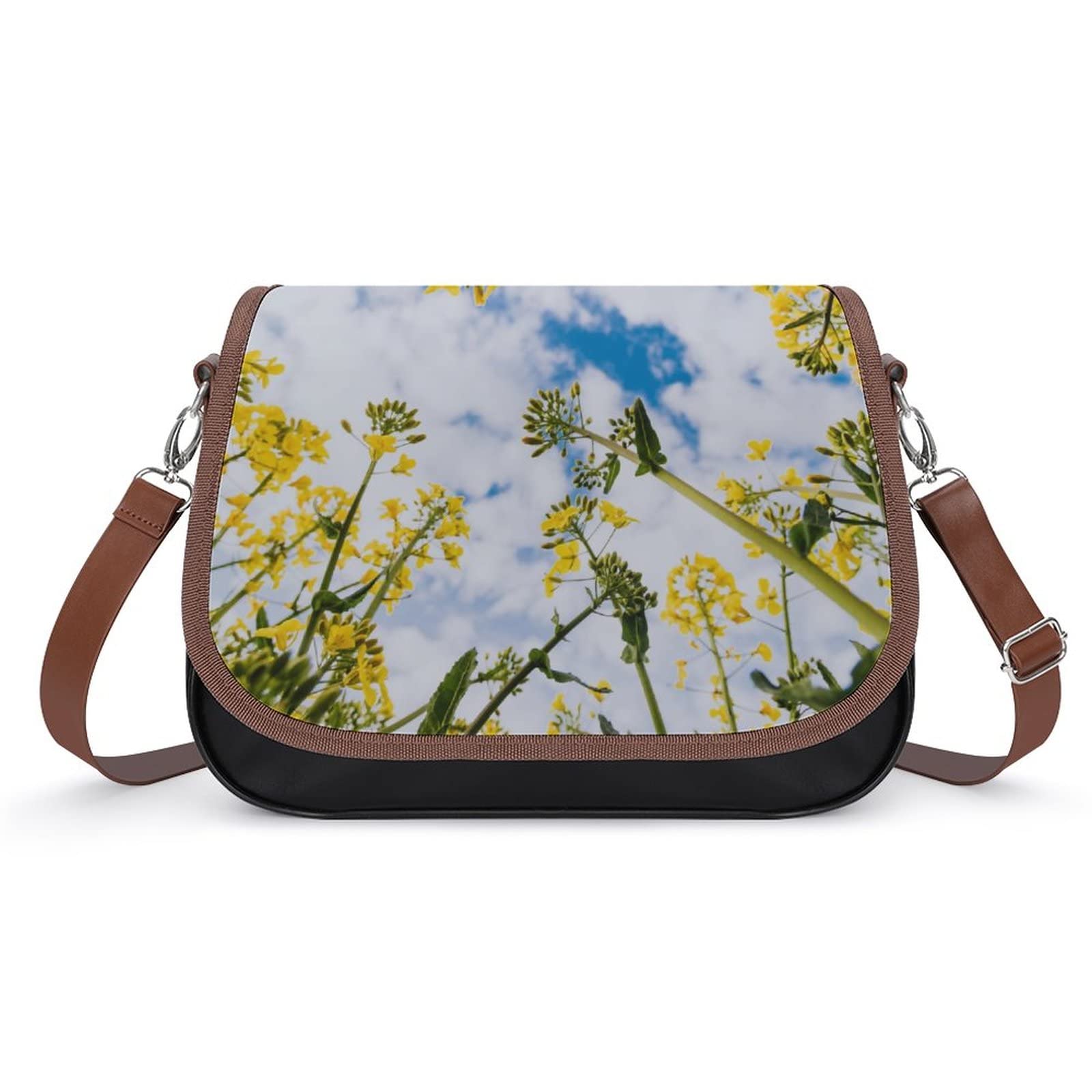 Vintage Leather Crossbody Bag for Women - Medium Hobo Shoulder Bag with Yellow Cole Blossoms Print | Perfect for Everyday Use, Travel & Casual Outings