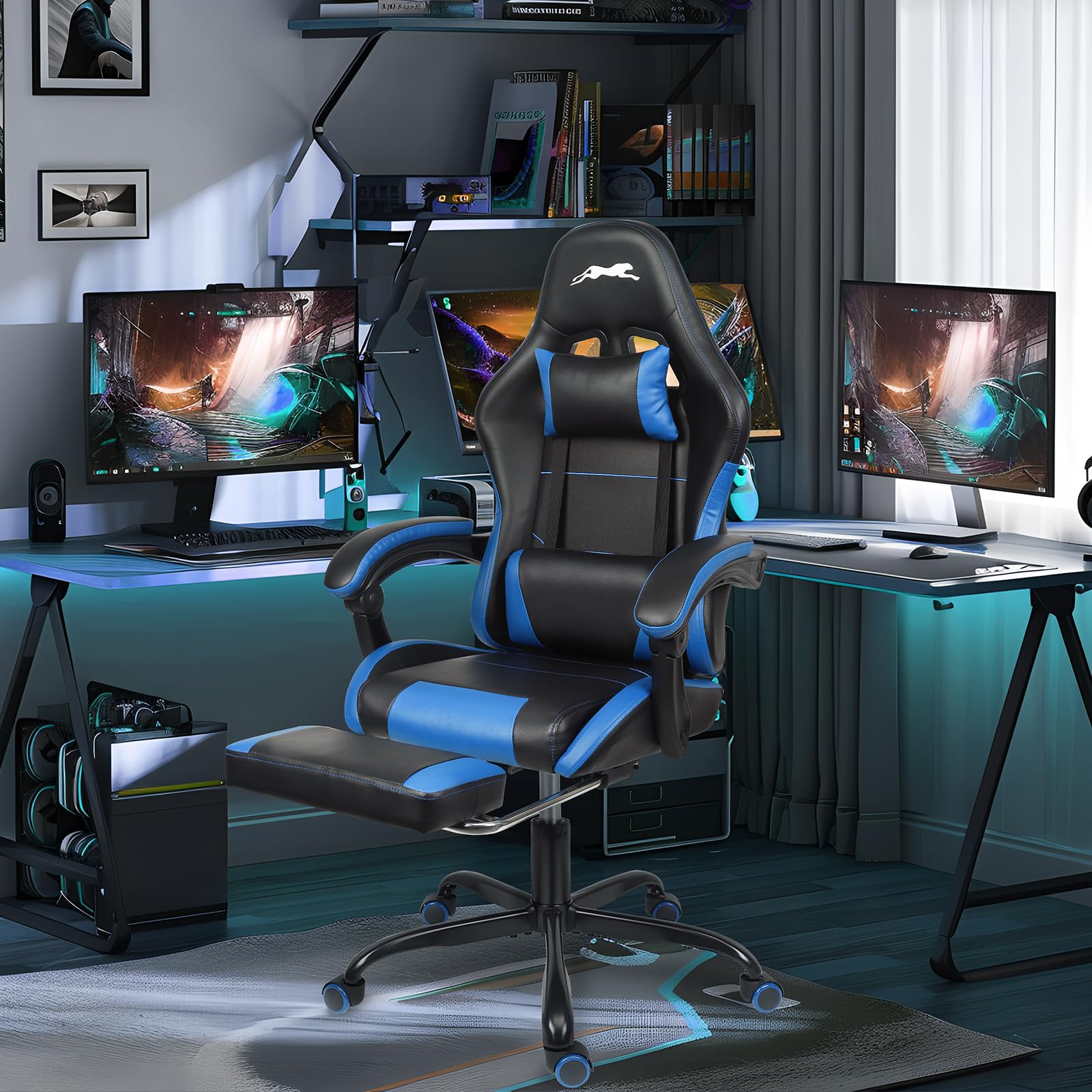 Premium Leopard Print Gaming Chair with Adjustable Footrest & Lumbar Support - Ergonomic Computer Game Chair for PC, Console Gaming, Office & Home - Height Adjustable Racing Style Chair (Black/Blue) - Perfect for Esports, Streaming & Long Work Sessions