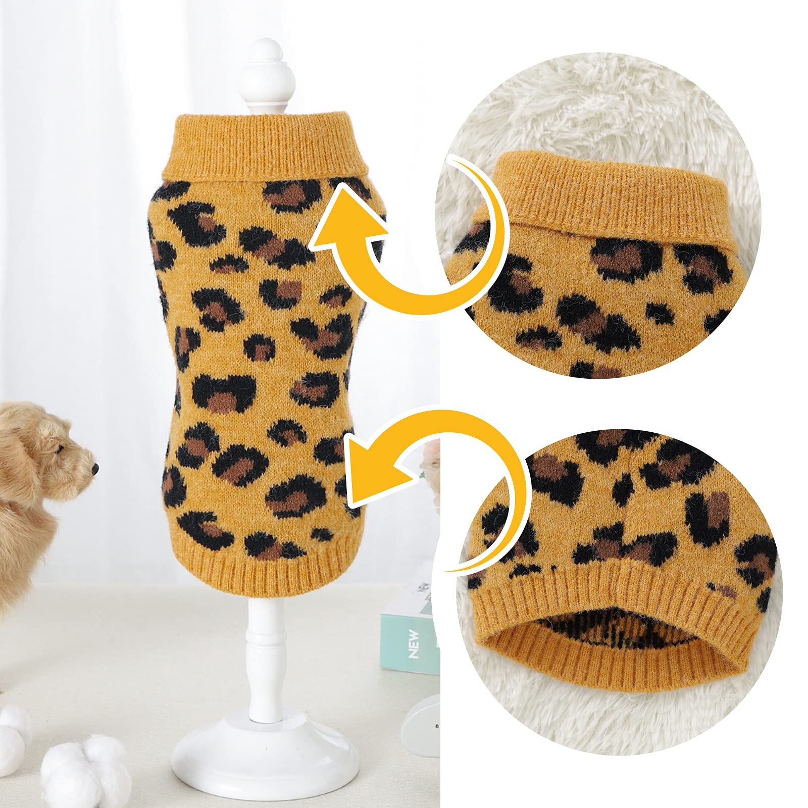 Opewod Small Dog Sweaters - Leopard Print Knitted Pet Sweater for Puppies | Soft & Warm Winter Knitwear | Perfect for Indoor & Outdoor Winter Walks