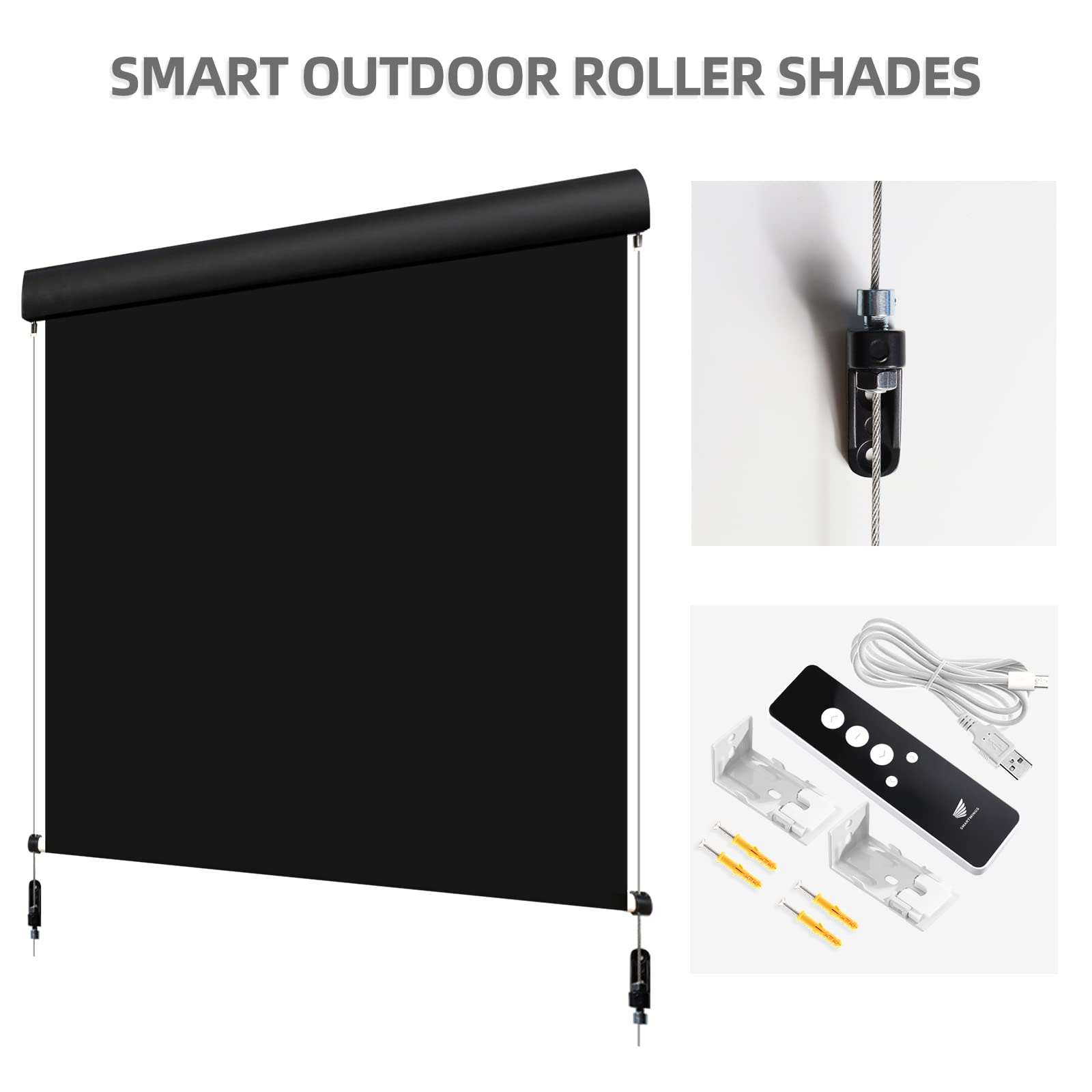SmartWings Motorized Patio Shades - Waterproof Outdoor Roller Blinds with Alexa & Google Assistant, Battery & Remote Control, Custom Size (5% Openness, Black) - Perfect for Porch, Deck, and Sunroom Sun Protection