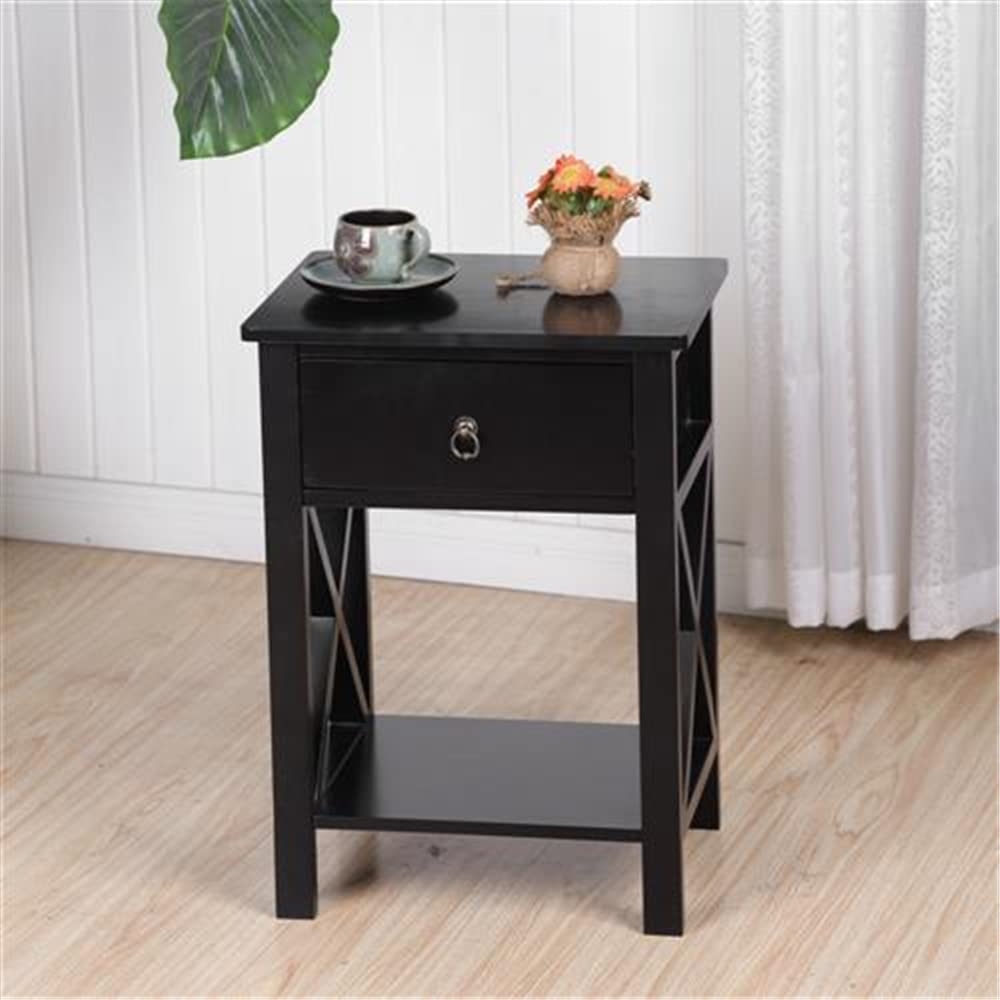 Modern Wooden End Table with Drawer & Storage Shelf - Nightstand, Sofa Side Table for Living Room & Bedroom - Black - Perfect for Small Spaces, Coffee Table Companion, Bedside Storage Solution