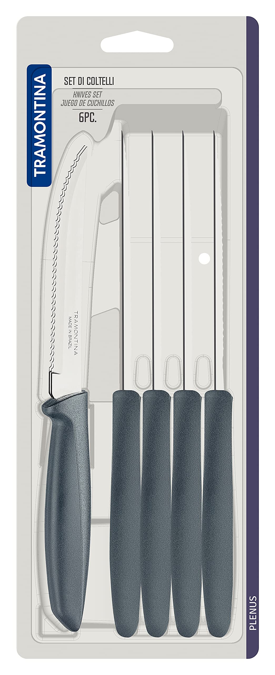 Tramontina 6-Piece Stainless Steel Kitchen Knife Set - Serrated Fruit & Tomato Knife, Vegetable Chopper & Peeler - Multipurpose with Pointed Tip (Grey, Model 23498654) - Perfect for Home Cooking, Meal Prep & Professional Kitchens