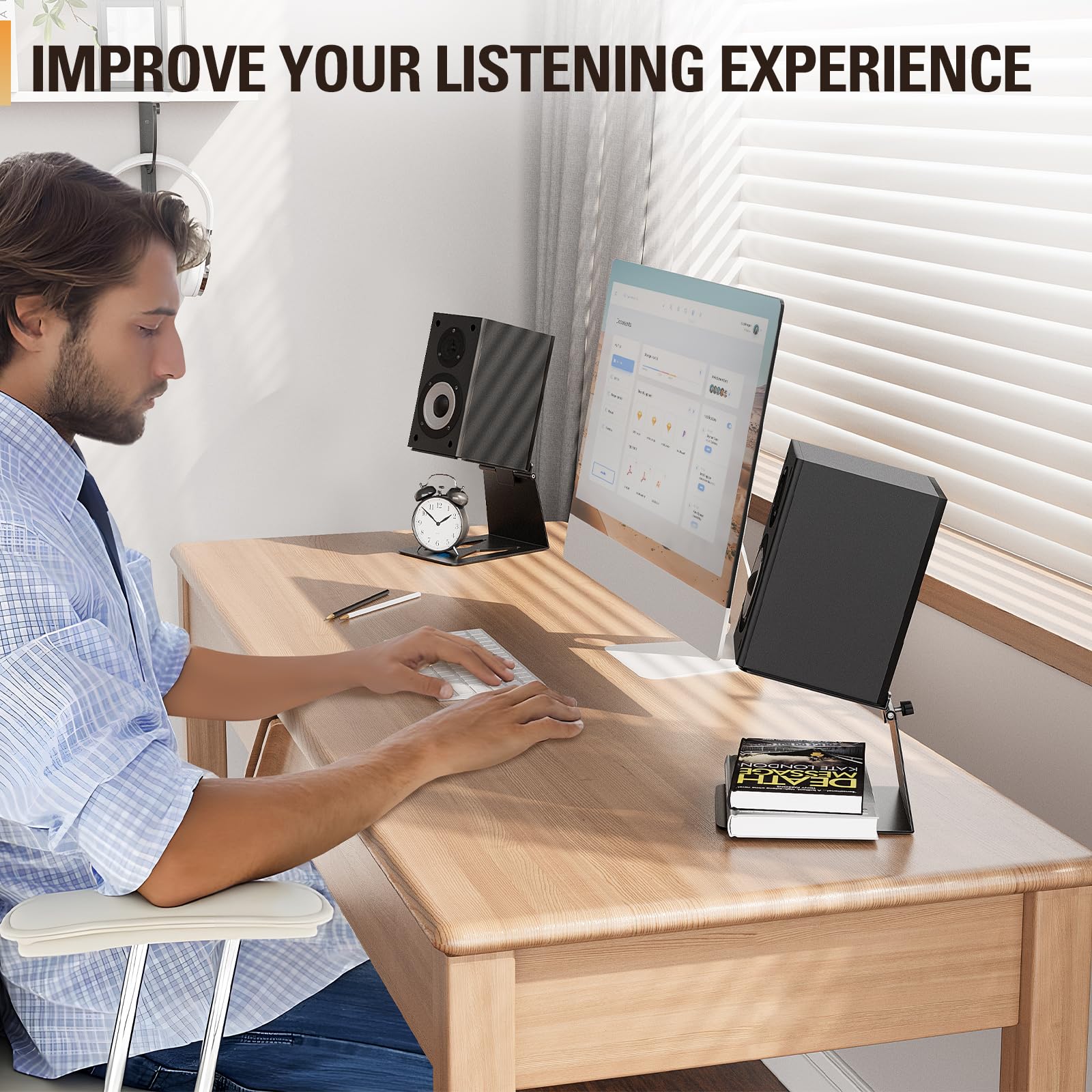 Mounting Dream Desktop Speaker Stands - Set of 2 Studio Monitor Stands with 15° Tilt & Anti-Vibration Pads, Holds up to 33 lbs - Perfect for Bookshelf Speakers, Surround Sound Systems & Home Studio Setups
