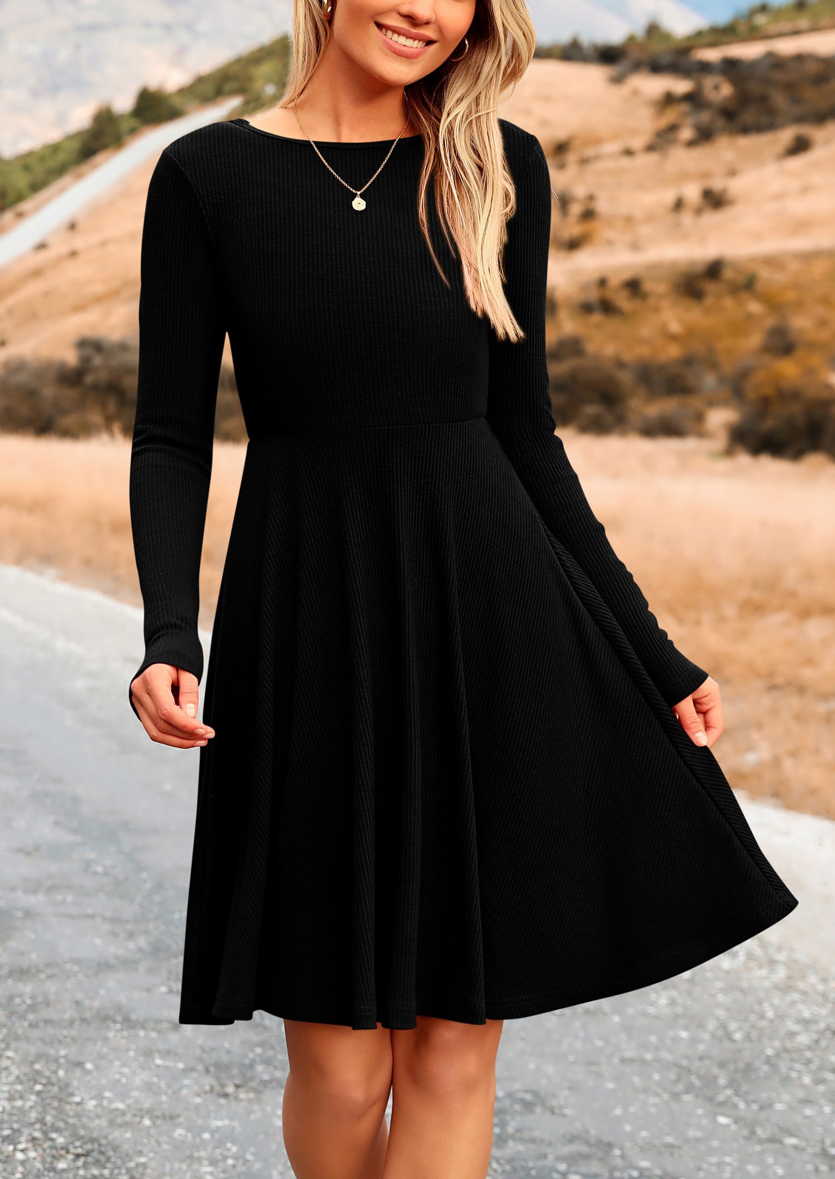 PRETTYGARDEN Women's Ribbed Knit Dress - Long Sleeve Crewneck A-Line Flowy Casual Dress for Spring & Fall | Perfect for Office Wear, Date Nights & Weekend Outings