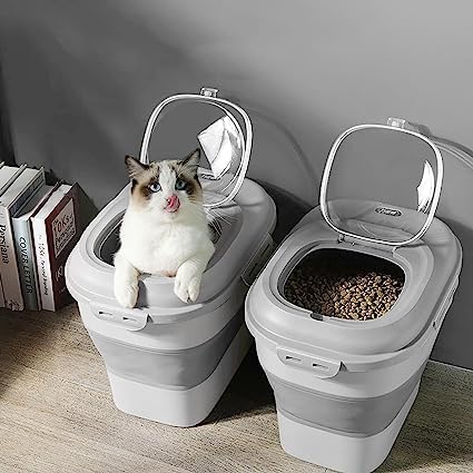 Olpad 30Lb Foldable Pet Food Storage Container - Airtight Plastic Bin with Measuring Cup, Sealed Lid & Wheels for Dog, Cat & Fish Food | Perfect for Kitchen, Pantry & Bulk Rice Storage