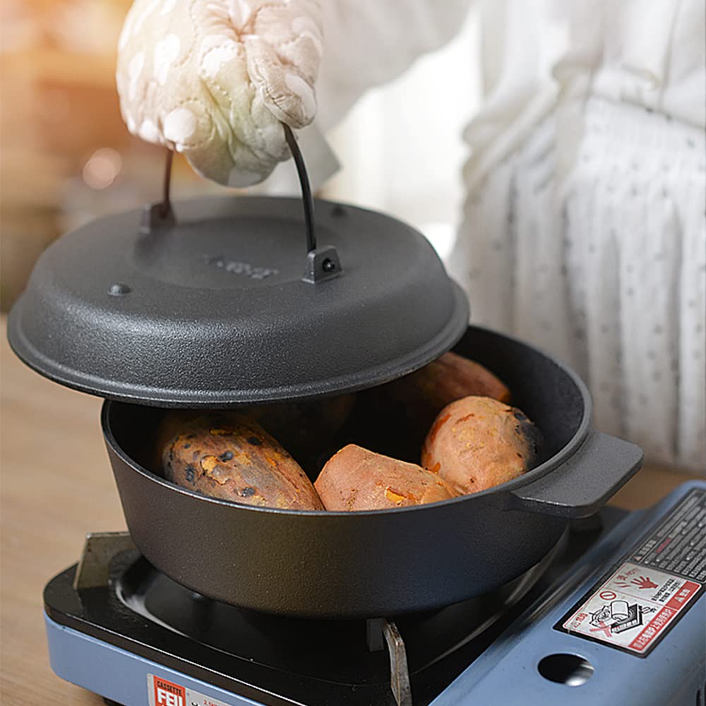 Premium 27cm Thickened Cast Iron Roasting Pan - Multi-Function Sweet Potato & Corn Roaster, BBQ Grill Tool for Home & Outdoor Cooking - Perfect for Camping, Picnics and Backyard Gatherings