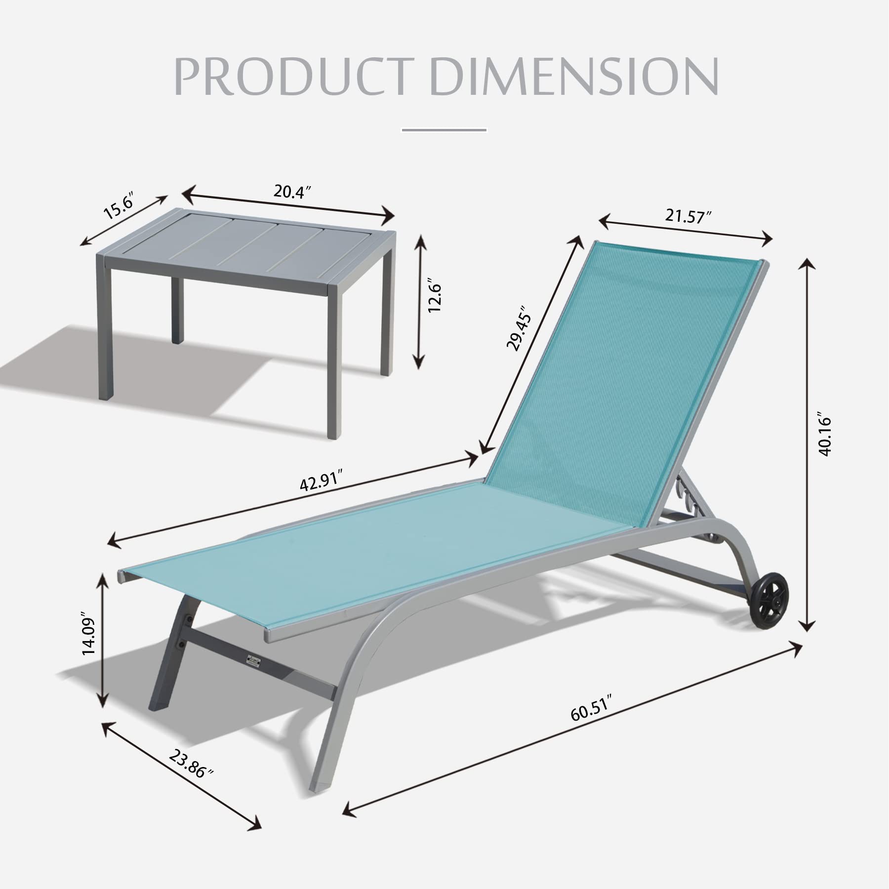 Domi Chaise Lounge Outdoor Set of 3 Adjustable Pool Chairs with Wheels - Patio, Beach & Yard Furniture in Turquoise Blue - Perfect for Sunbathing, Relaxing by the Pool or Coastal Getaways