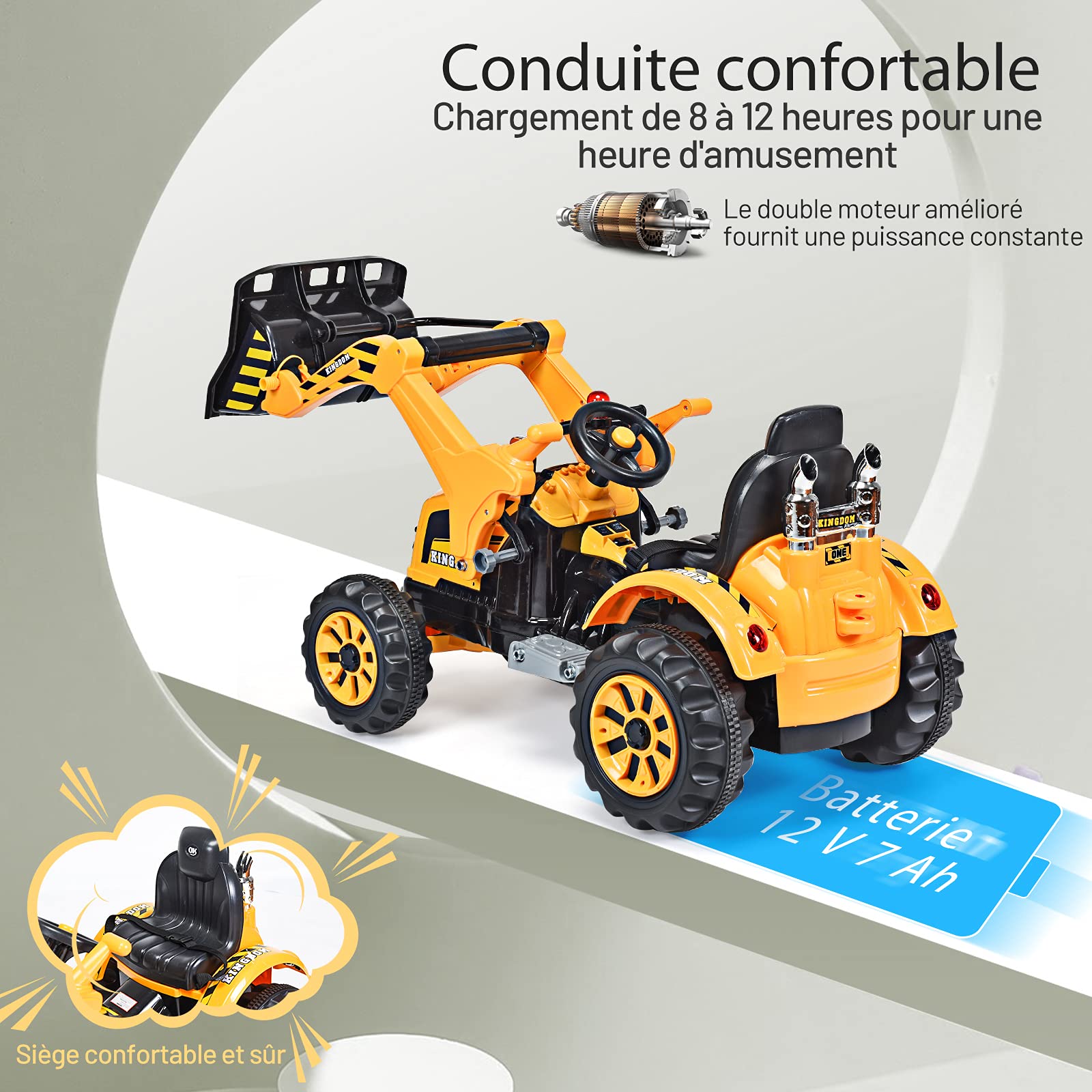 **COSTWAY 12V Kids Electric Tractor Toy with Adjustable Speed, Flexible Shovel & Comfortable Seat – Yellow Ride-On Tractor for Ages 3-8, 30kg Load Capacity – Perfect for Outdoor Play, Sandbox Fun & Backyard Adventures**
