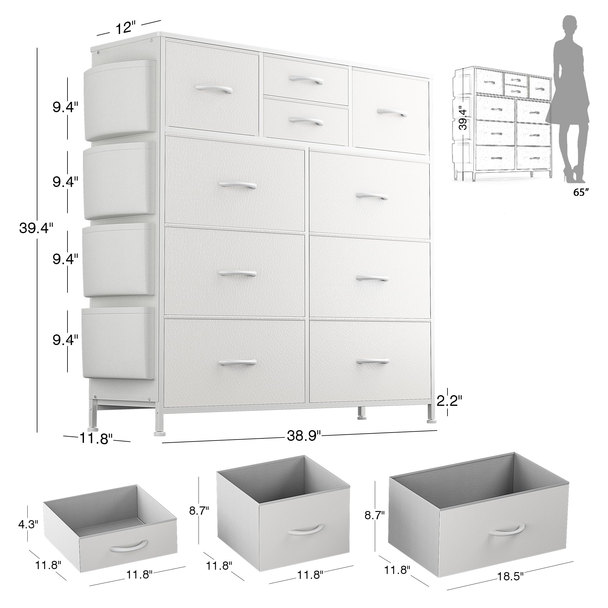 White 10-Drawer Dresser with Side Pockets & Hooks - Bedroom Storage Organizer for Kids Room & Hallway
