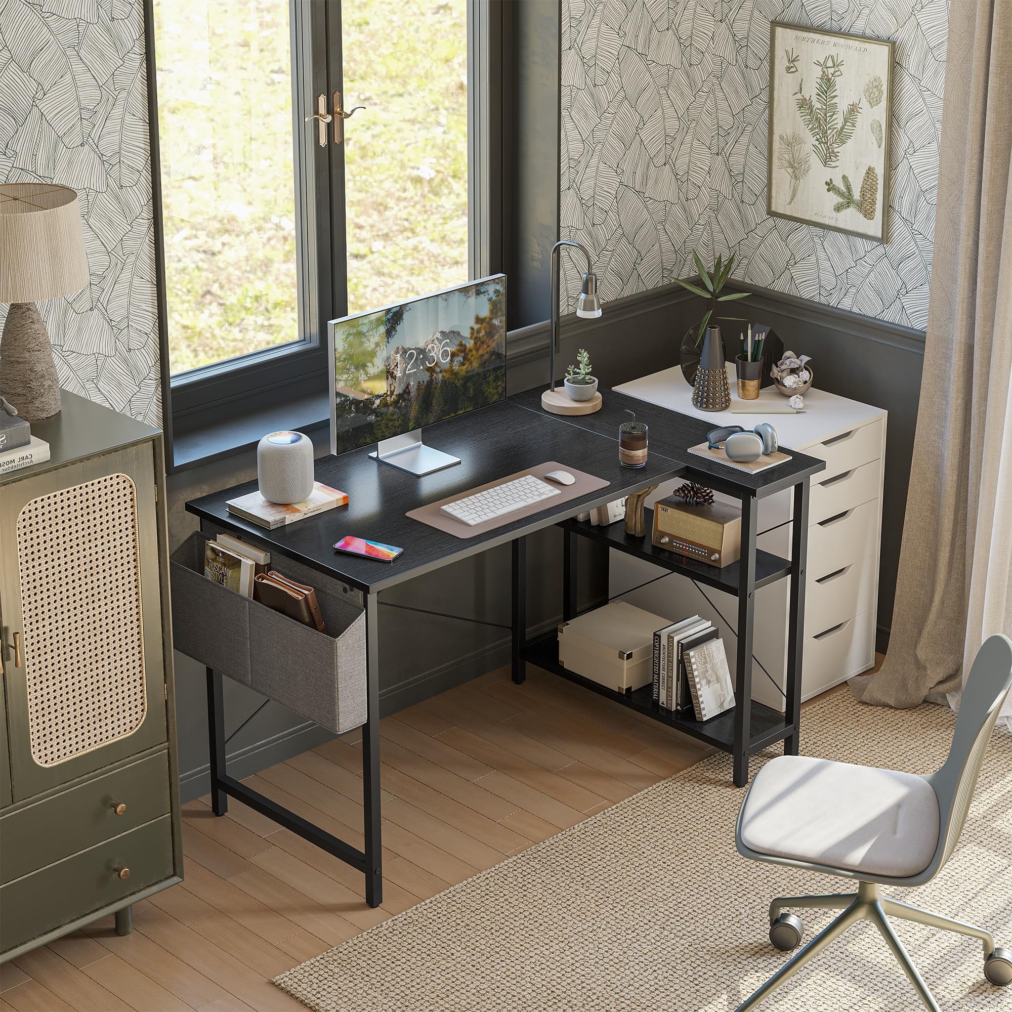 L Shaped Desk 40 Inch Small Reversible Corner Computer Desk with Storage Shelves - Home Office Desk Study Writing Table in Black - Perfect for Small Spaces, Gaming Setup & Remote Work