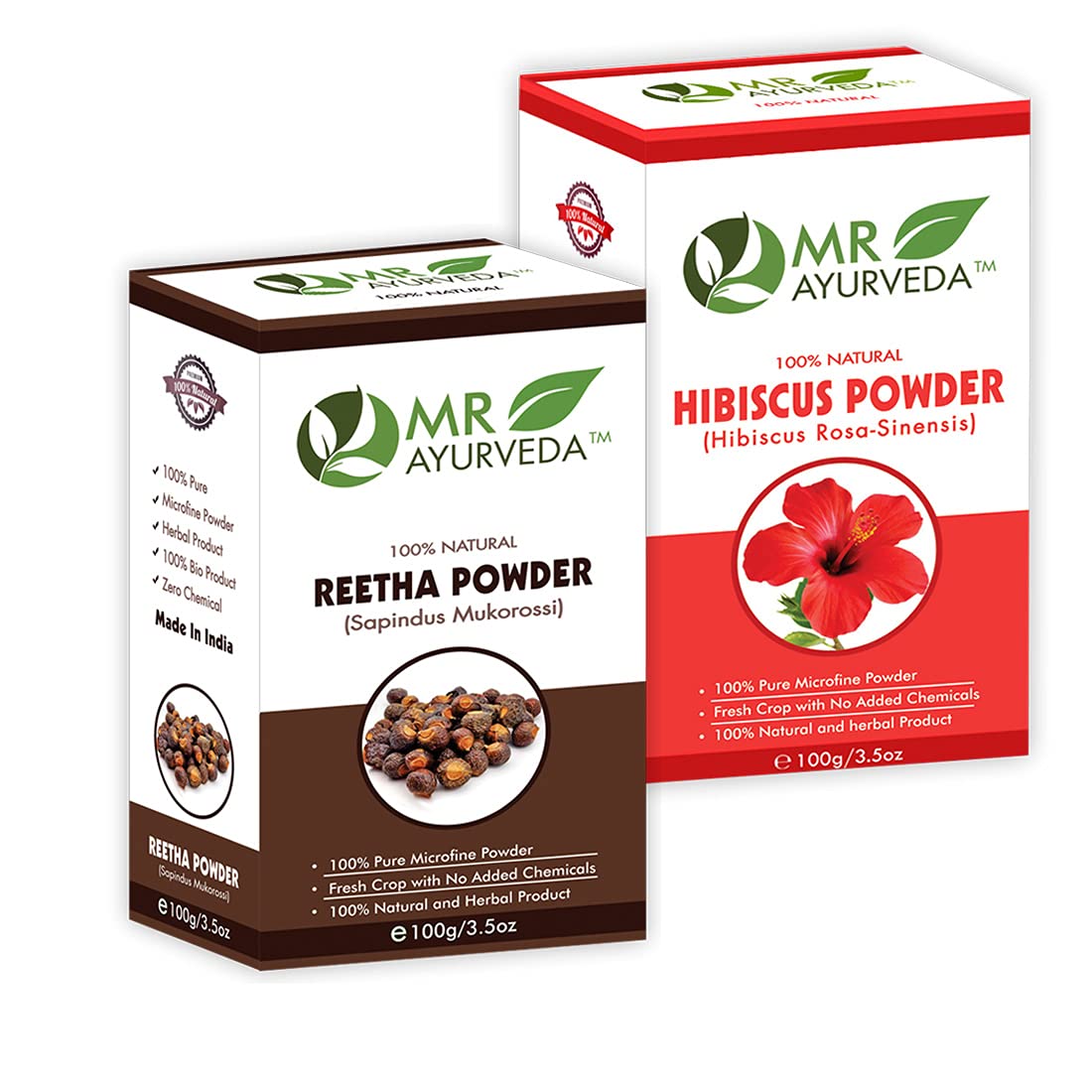 MR Ayurveda 100% Pure Reetha Powder & Hibiscus Flower Powder Combo Pack (100g Each) - Natural Hair Care for Shine & Growth, DIY Shampoo & Conditioner