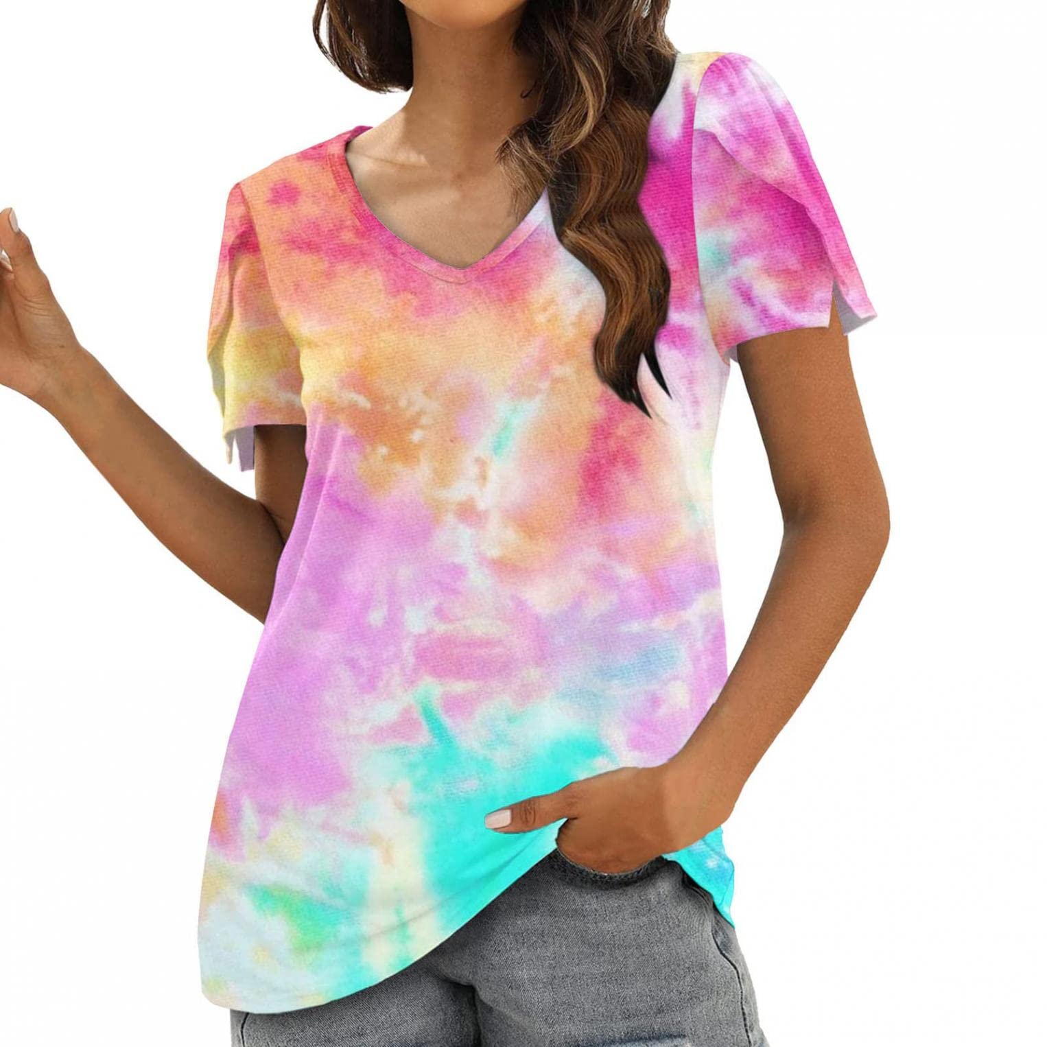 Women's Summer Casual V-Neck T-Shirts - Floral Petal Sleeve Loose Blouse Tunic Tops for Everyday Wear, Beach Outings & Date Nights