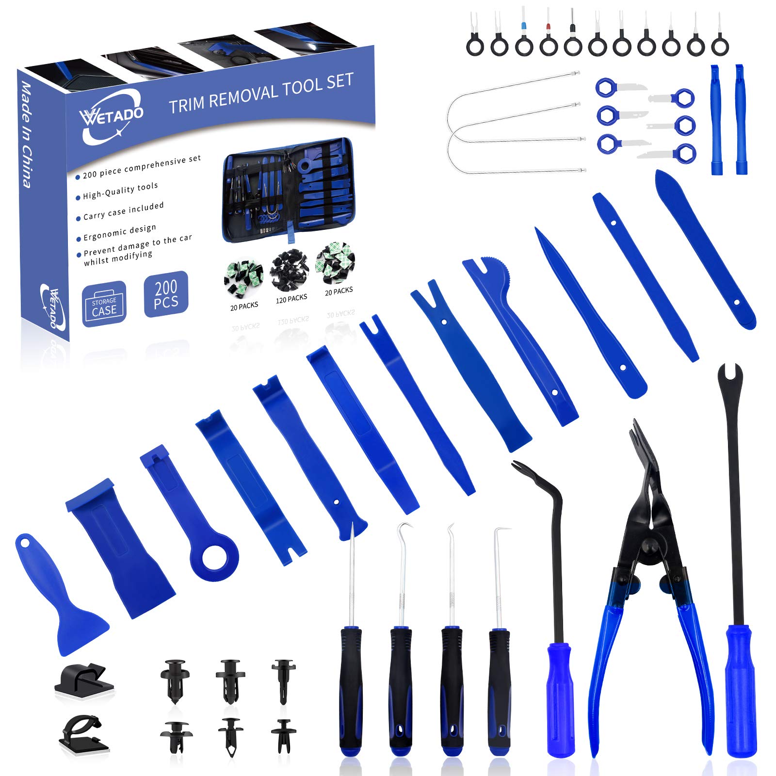 Wetado 200PCS Auto Trim Removal Tool Kit - Plastic Panel Fastener Remover with Clip Pliers for Car Door Panel Audio Installation & Repair (Blue+Orange) - Perfect for DIY Auto Detailing & Professional Mechanics