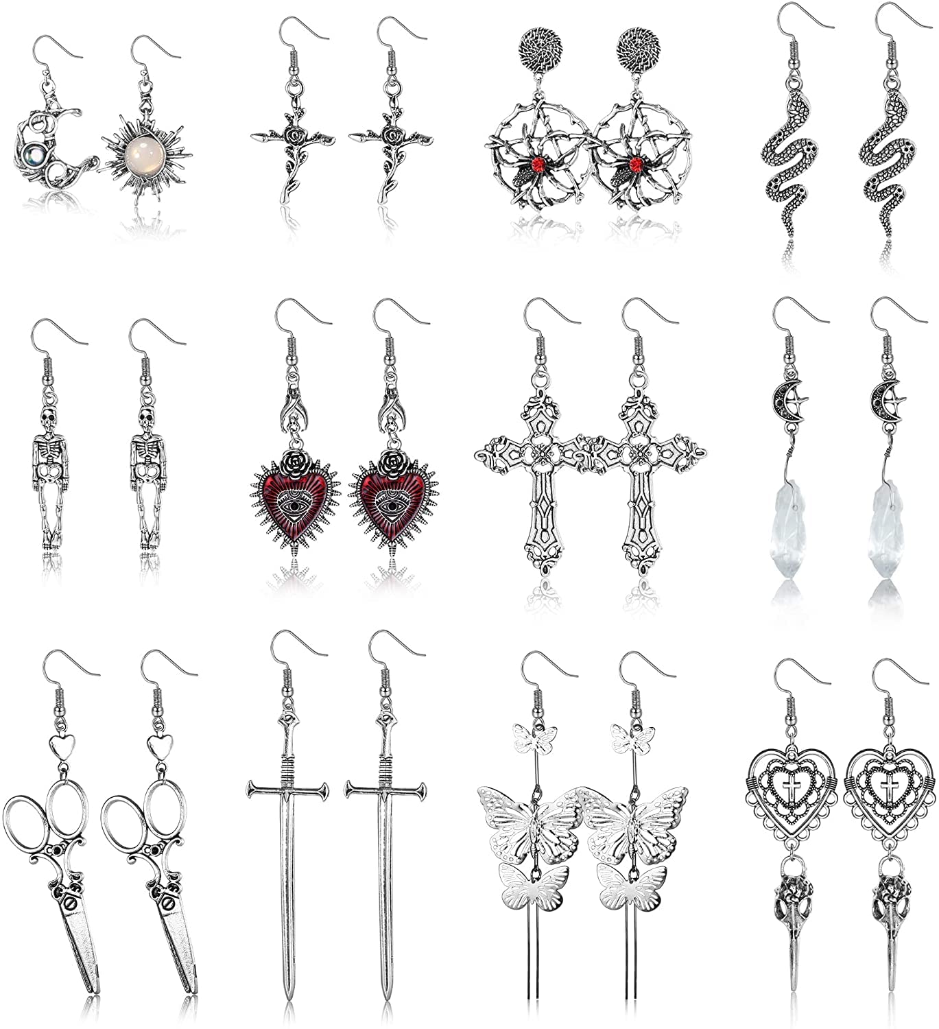Gothic Earrings for Women - Vintage Punk Rock Drop Dangle Earrings with Snake, Evil Eye, Heart, Skeleton & Sun Moon Designs - Gothic Jewelry for Halloween, Concerts & Alternative Fashion