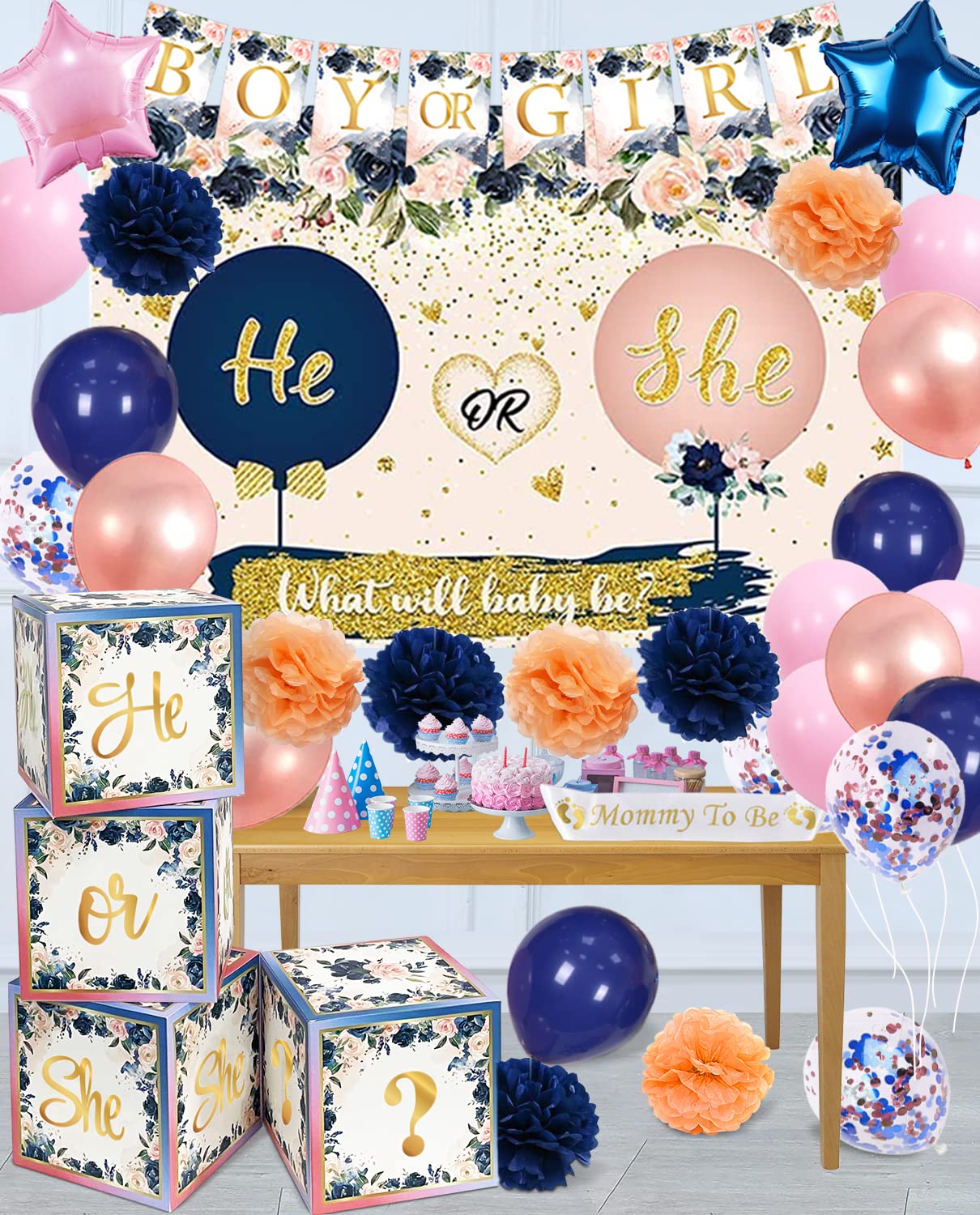 Gender Reveal Party Decorations - 4 Sets of He or She Balloons, Baby Blocks, Navy & Blush Balloon Boxes with Letters, Boy or Girl Banner, Mommy To Be Sash & Paper Pom Poms for Baby Shower Backdrop - Perfect for Gender Reveal Parties, Baby Showers & Nursery Decorations