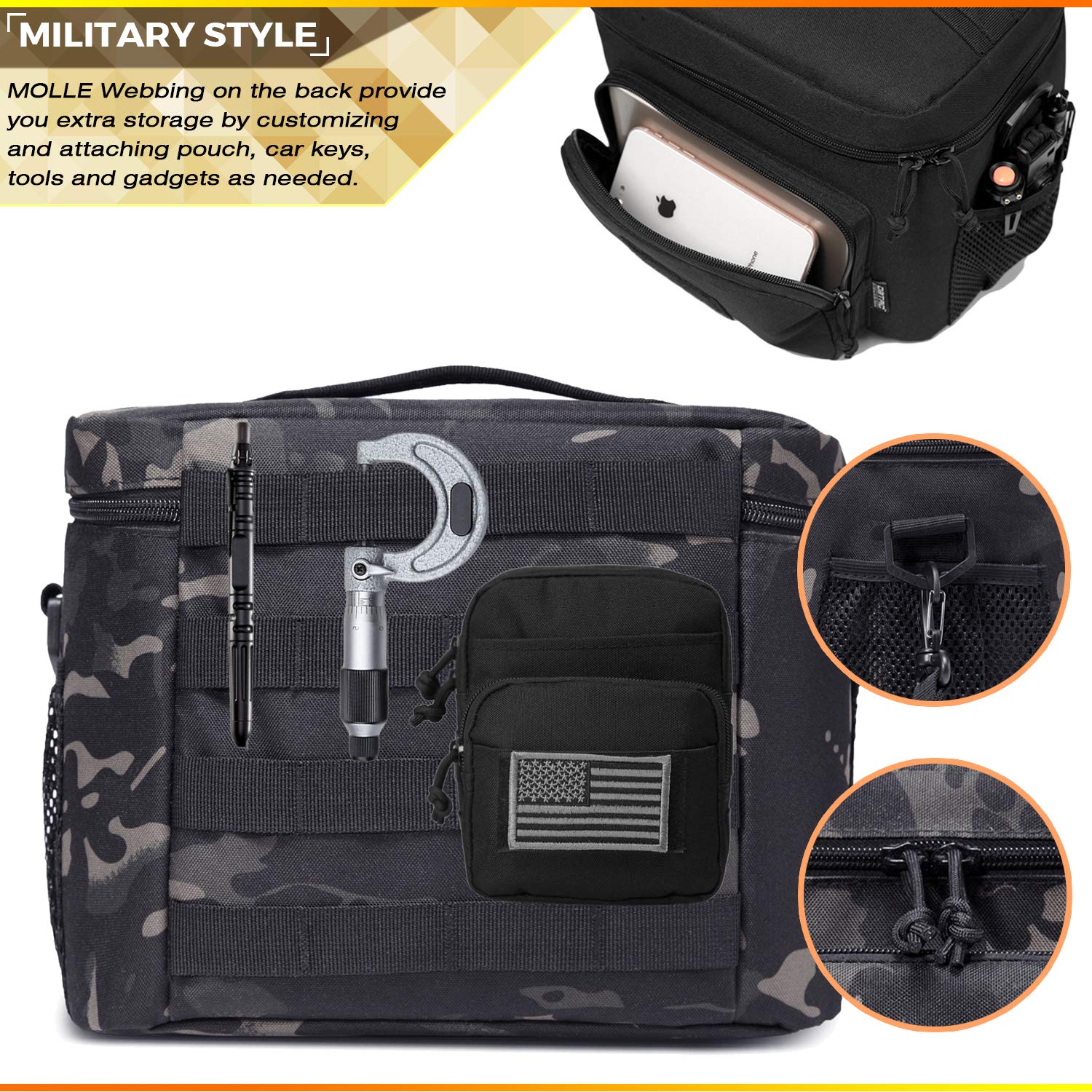Tactical Insulated Lunch Bag for Men & Women - 12 Can Capacity, 9L Leakproof Cooler Tote for Work, Office, Outdoor & Travel | Soft Easy-Clean Liner (Black Camo) | Perfect for Camping, Hiking, Picnics & Daily Commute